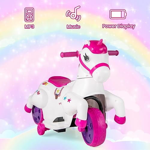 Miniatura 7 de OLAKIDS 2 en 1 motocicleta y caballo, unicornio de 6 V, juguete de paseo con batería con función de arriba y abajo, MP3, pantalla de potencia