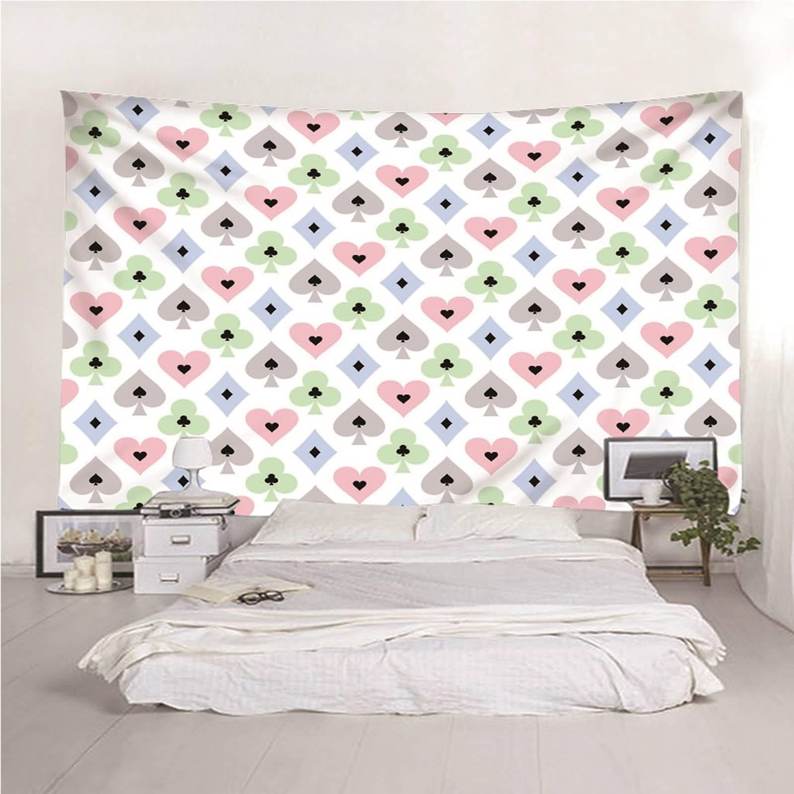 Tappeto Parete Camera da Letto, 350 x 256 cm Modello di Carte da Gioco Coperta per Camera da Letto Soggiorno Dormitorio Decorazione da Parete, Rosa Verde Grigio