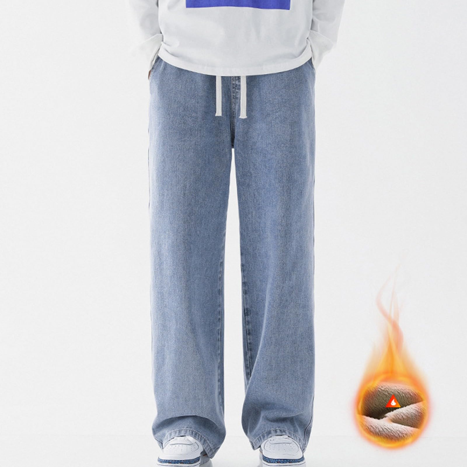 Generisch Pantaloni termici da uomo, pantaloni da neve, in pile Teddy, con calda imbottitura, gamba dritta, pile felpato, jeans termici