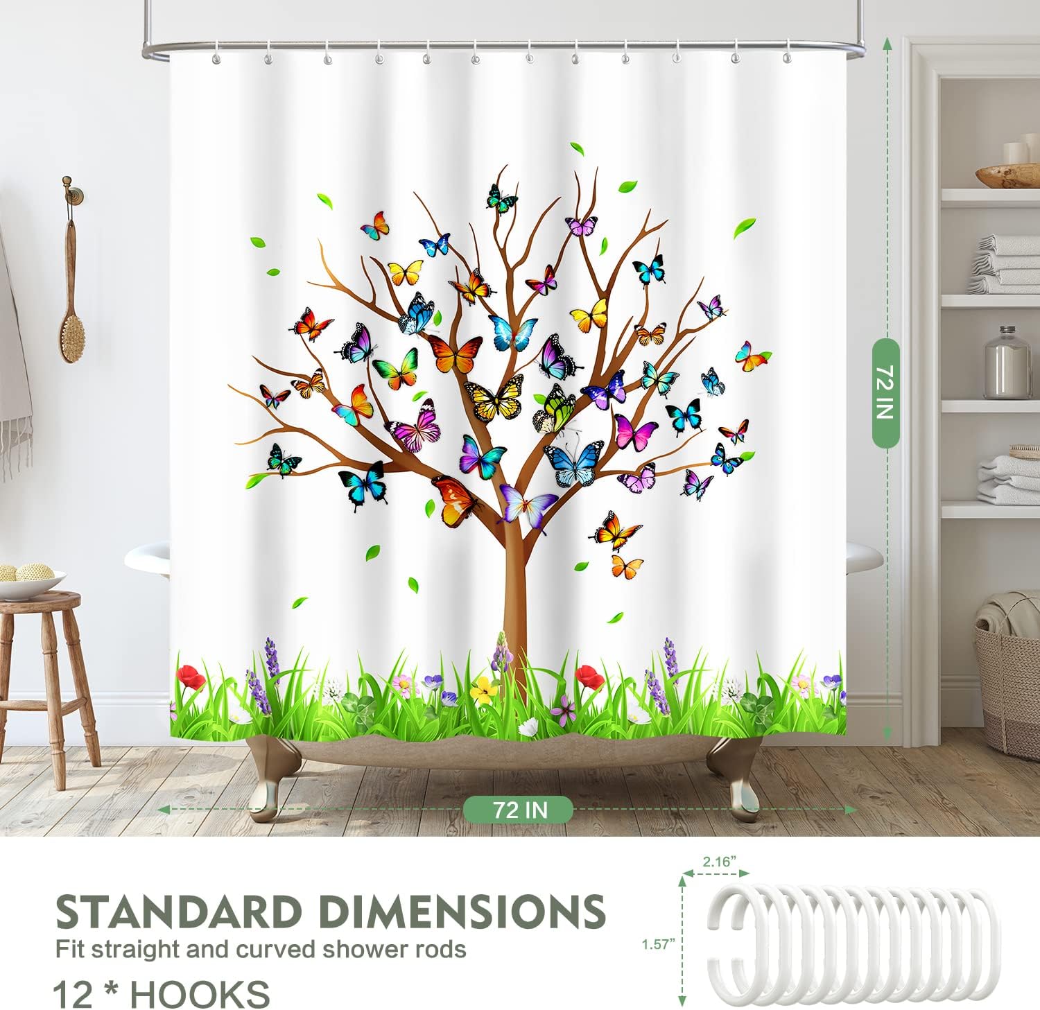 Lokigo Shower Curtain, Tree Shower Curtains for Bathroom, White Fabric Colorful Floral Leaves Butterfly Bathroom Shower Curtain with Hooks 72 x 72 Inches