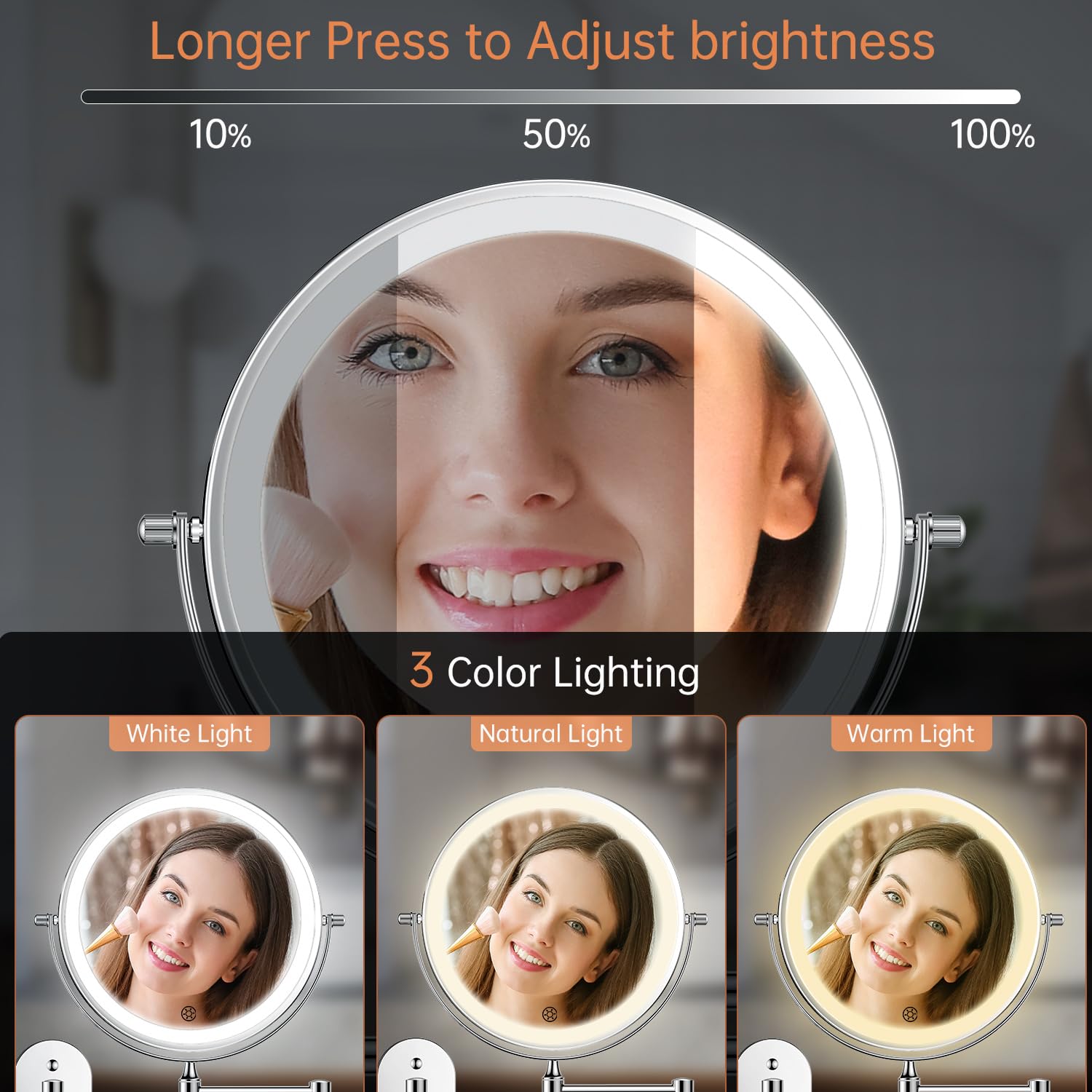 Specchio da Trucco Illuminato da Parete Ricaricabile, Doppio Lato da Specchio Bagno con Iingrandimento 1x / 10x, Illuminazione a 3 Colori, Regolazione Touch Screen, Braccio Esteso, Rotazione 360
