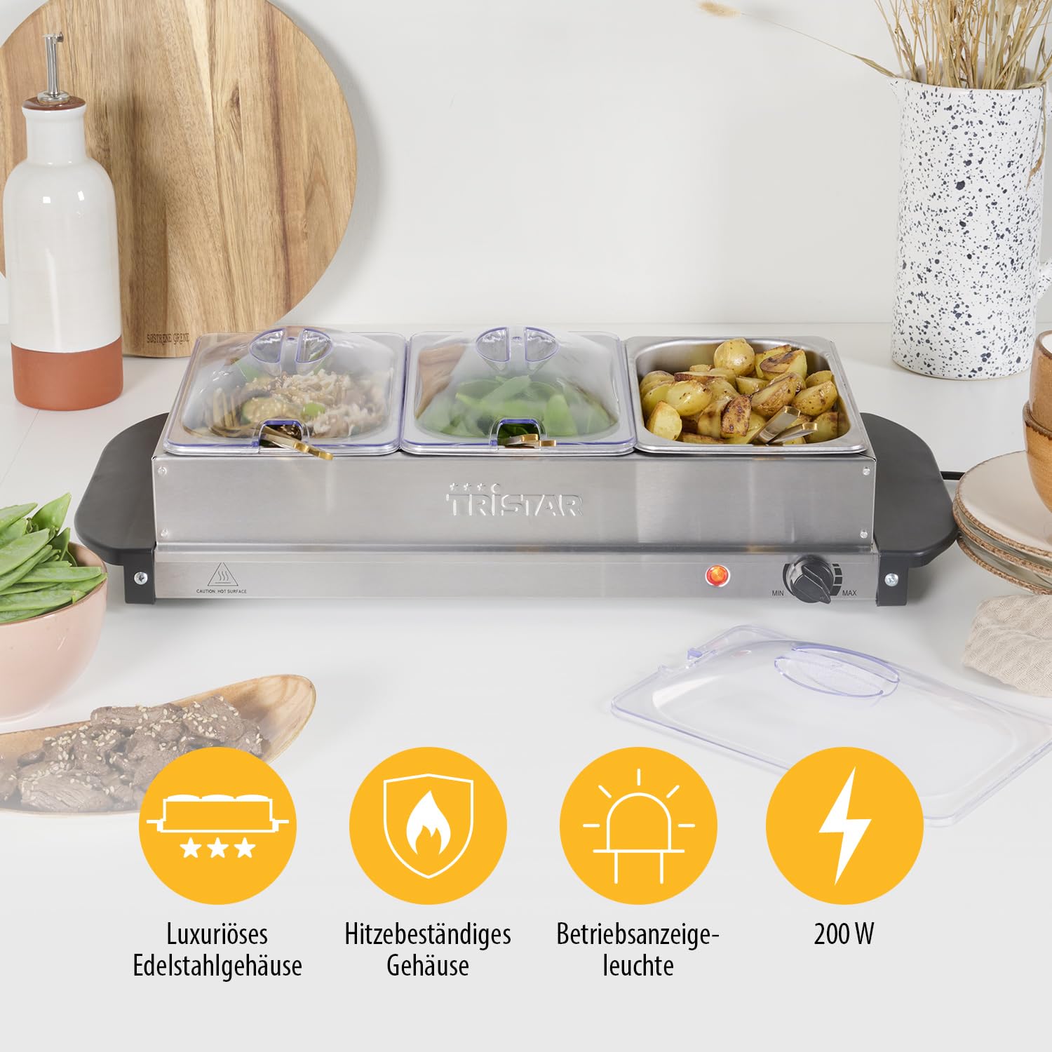 Tristar Edelstahl Buffetwärmer für Partys & Buffets, 4,2 L, Einstellbares Thermostat, 3 Warmhaltebehälter, Heizplattenfunktion, 200 W, Silber, BP-6283