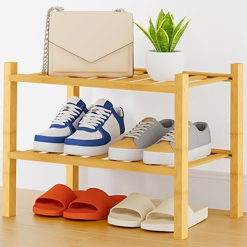 Miniatura 117 de Smiry Estante para zapatos, organizador de zapatos de bambú de 2 niveles, estante de almacenamiento de zapatos de madera apilable independiente para