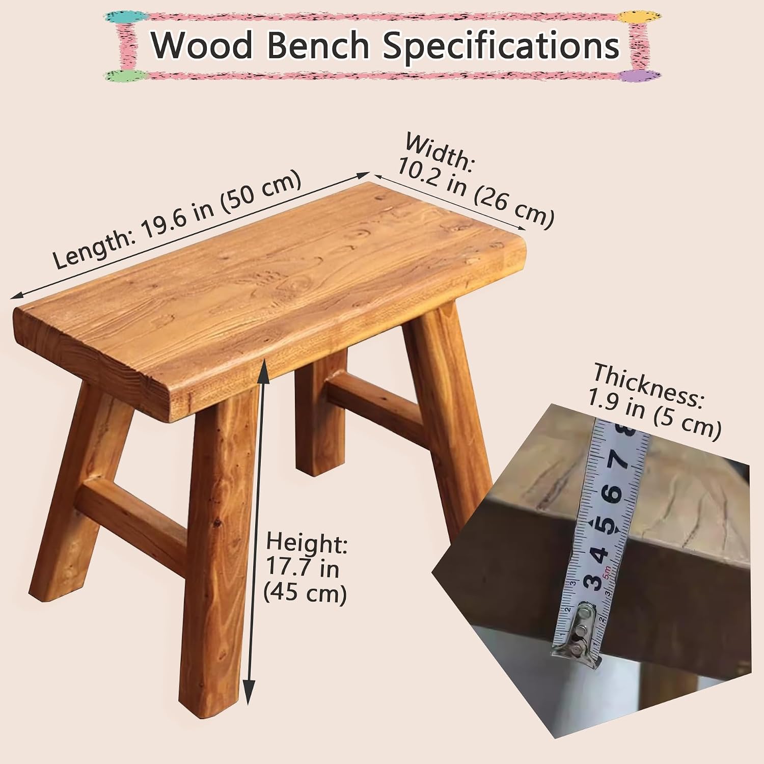 Farmhouse Skinny Low Wooden Bench,Solid Wood Indoor Hall Benches Entryway,Rustic Window Seats and Benches,Small Vintage Decorative Narrow Dining Bench for Table,for Bedroom,Living Room(19.6x10.2x17.7i