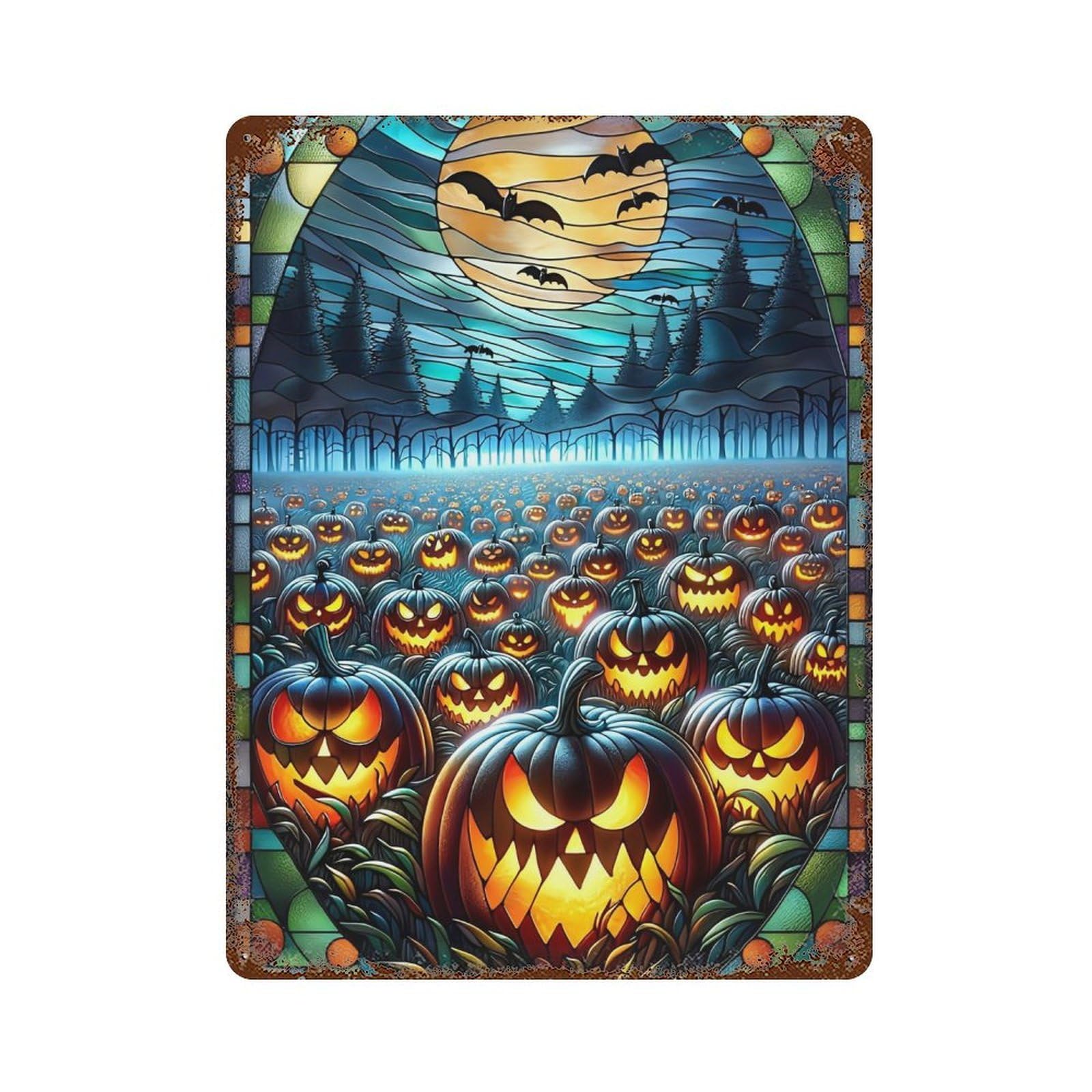Halloween Stained Glass Window Decorative Tin Sign 15.7"x11.8", for Garage, Bar And Workshop Decor, Novelty Wall Decor
