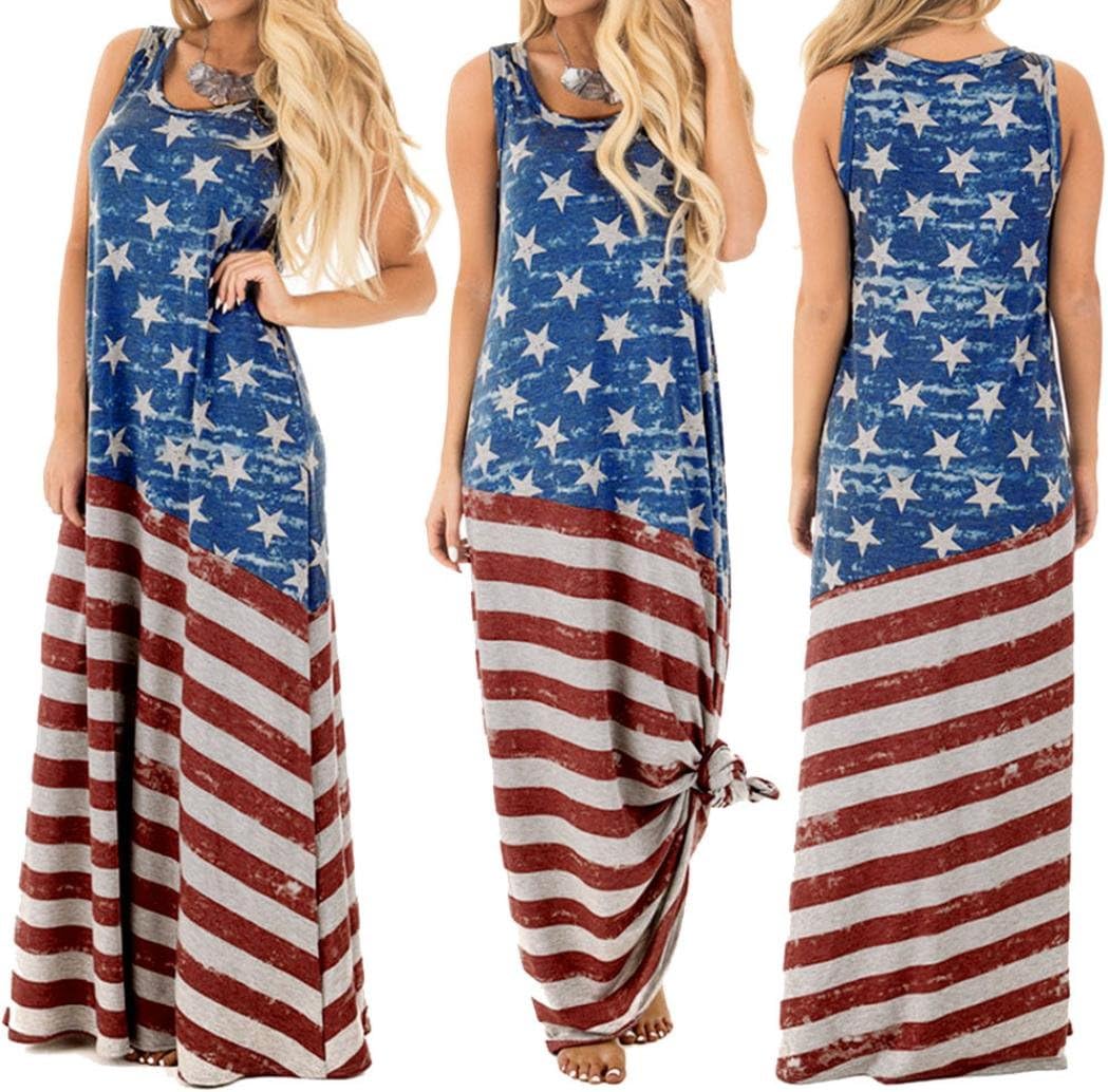Long American Flag Dress, Women Flag Printed Dress Sleeveless Tank Beach Maxi Sundres