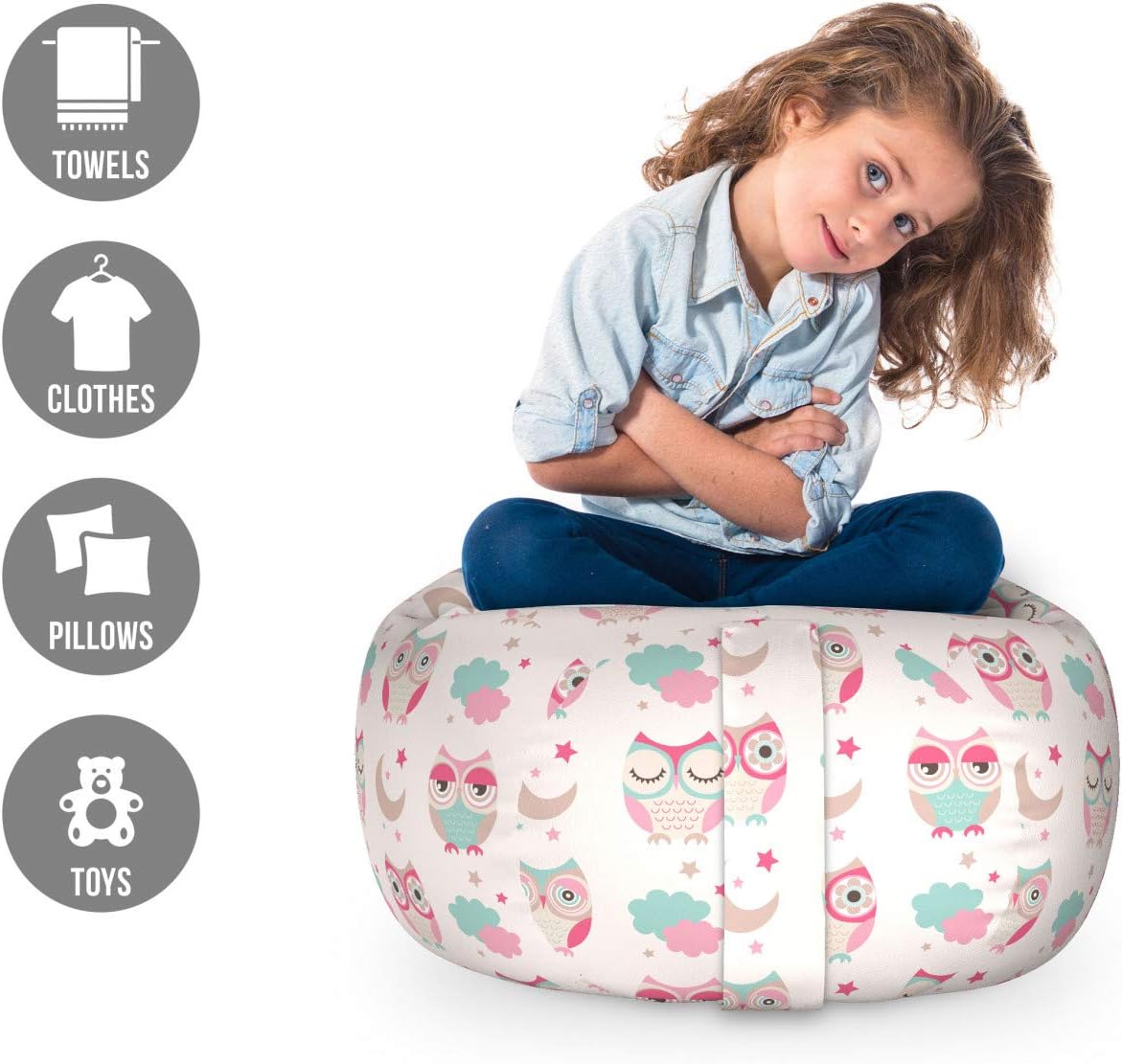 Ambesonne Owls Storage Toy Bag Chair, Owls Stars Moon Patterns in Feminine Soft Colors Symmetric Design Artwork, Stuffed Animal Organizer Washable Bag, Small Size, Almond Green Pink Tan