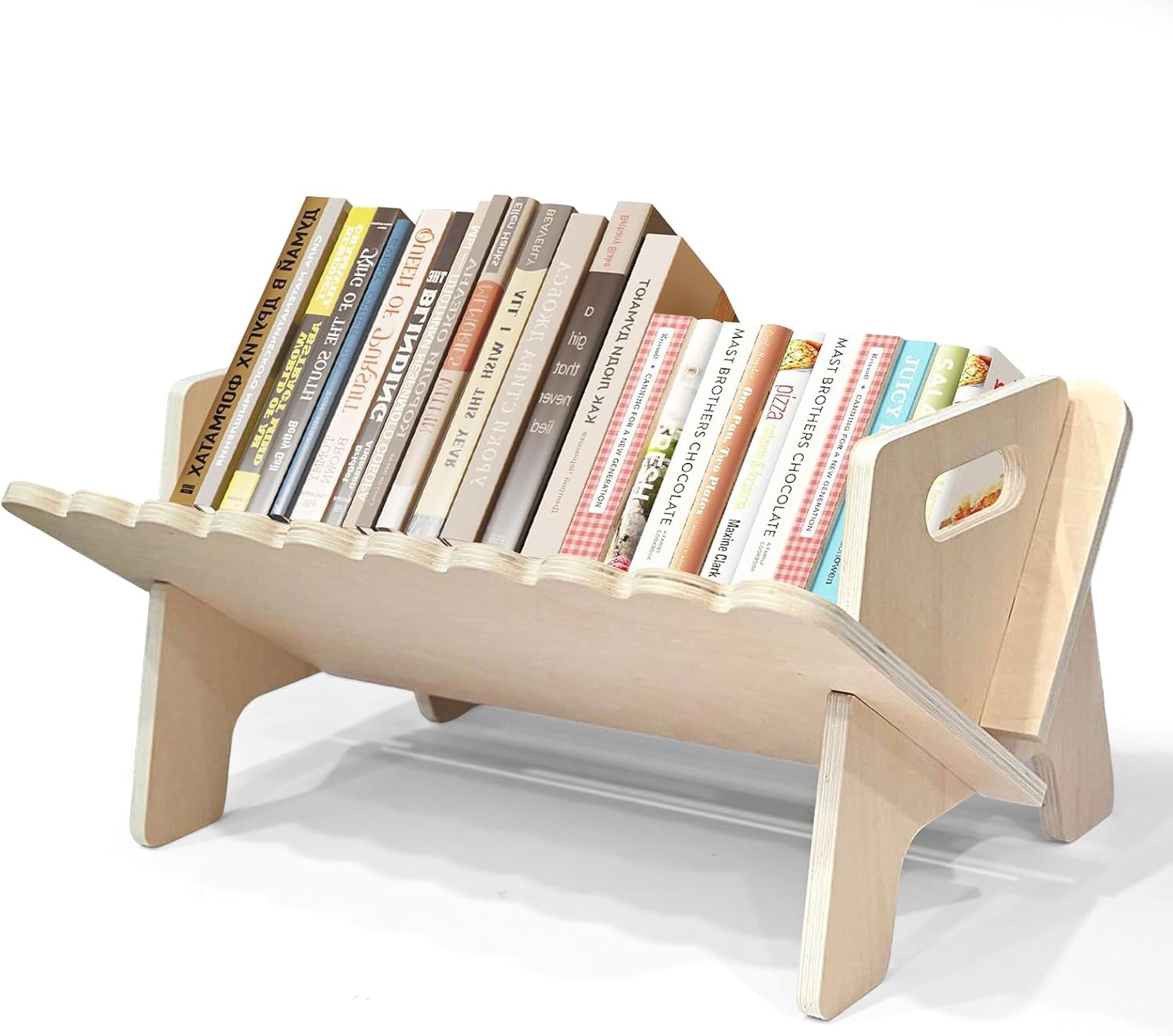 Wooden Tabletop Bookshelf Scalloped Titled Desktop Bookshelf Small Cookbook Bookcases Display Tabletop Storage Rack for CDs Magazine Books Living Room Bedroom Office Desktop Decor
