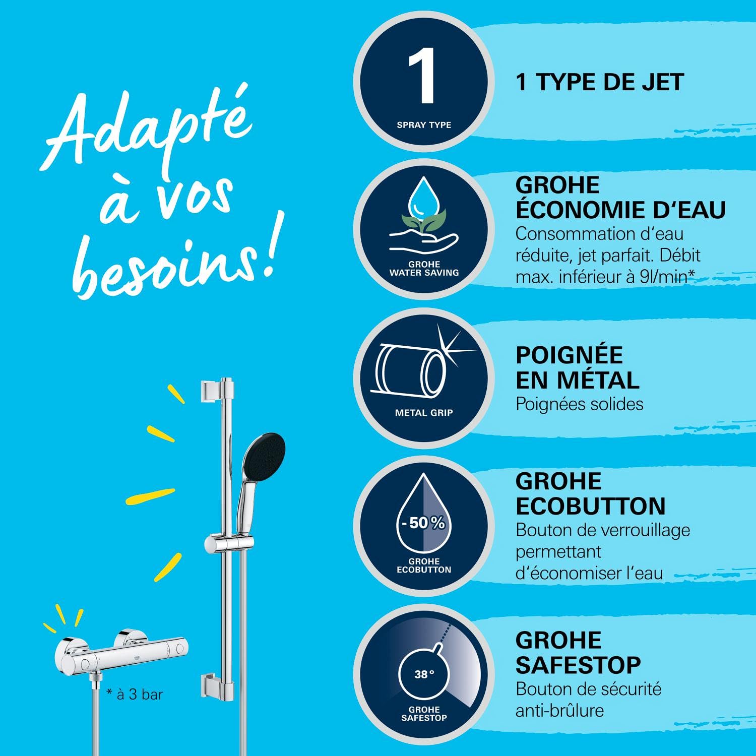 GROHE Precision Get Mitigeur Thermostatique Douche, Ensemble de Douche 1 jet avec barre 60cm, Economie d'eau, A coller avec GROHE QuickGlue ou à visser, Chromé, 34856000