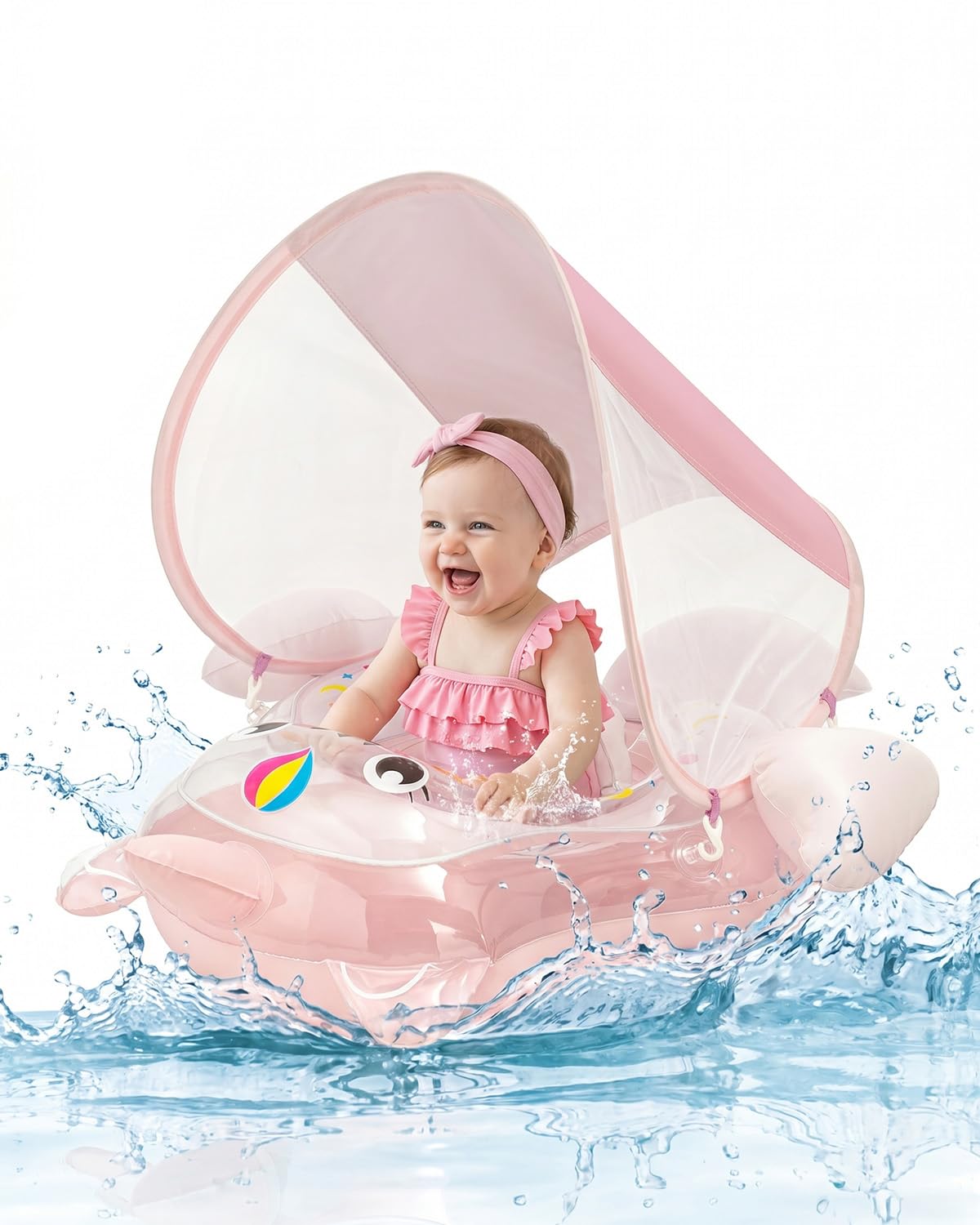 Inflatable Baby Swim Float with Sun Canopy, Baby Pool Float Seat for Infants and Toddlers 6-36 Months, Stable Support Design for Water Play, Swimming Pool and Outdoor Activities