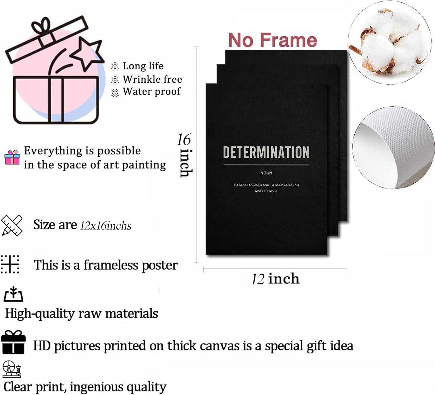 3Pcs Motivational Wall Art Black White Inspirational Canvas Poster Print Entrepreneur Quotes DETERMINATION GRIT SUCCESS Picture Artwork Wall Decor for Modern Office Gym Bedroom 12x16in Unframed - Image 6