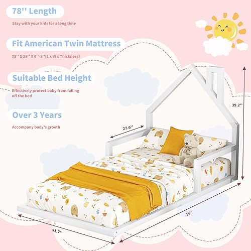 Miniatura 2 de Bellemave Marco de cama de suelo de tamaño individual, marco de cama de madera con cabecera en forma de casa, cama Montessori tamaño individual con