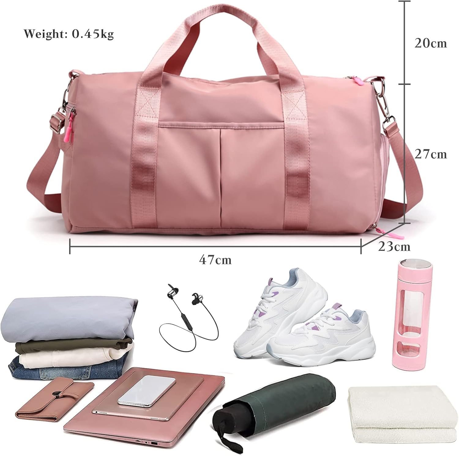 PORRASSO Sport Duffel Bag Women Travel Bag Holdall Large Gym Tote Bag Carry on Bag Shoulder Crossbody Bag for Gym Yoga Swimming Weekend Pink