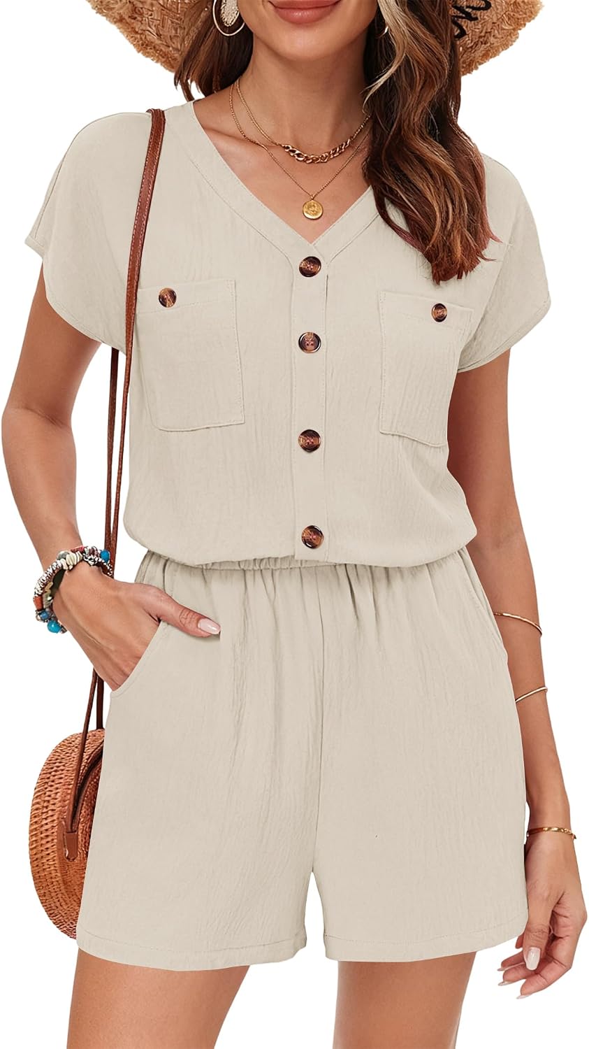 MISFAY Rompers for Women Short Sleeve Button V Neck Jumpsuit with Pockets | Unique Textured, Wrinkle Resistant, Flowy Fit, Smocked High Waist, Vacation Resort Outfit, Easy Care, Machine Washable