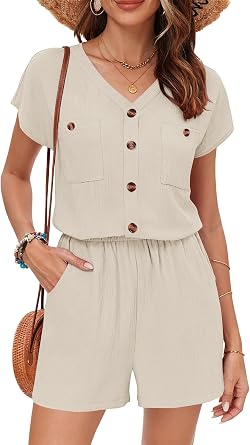 MISFAY Rompers for Women Short Sleeve Button V Neck Jumpsuit with Pockets