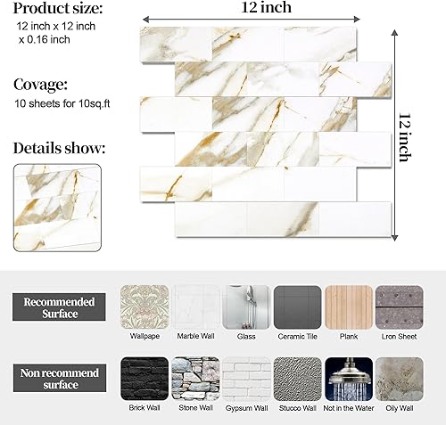 Miniatura 5 de 1 paquete de azulejos de pared de PVC de 12 x 12 pulgadas, para despegar y pegar, para cocina, azulejos de baño, decoración de chimenea, mesa de