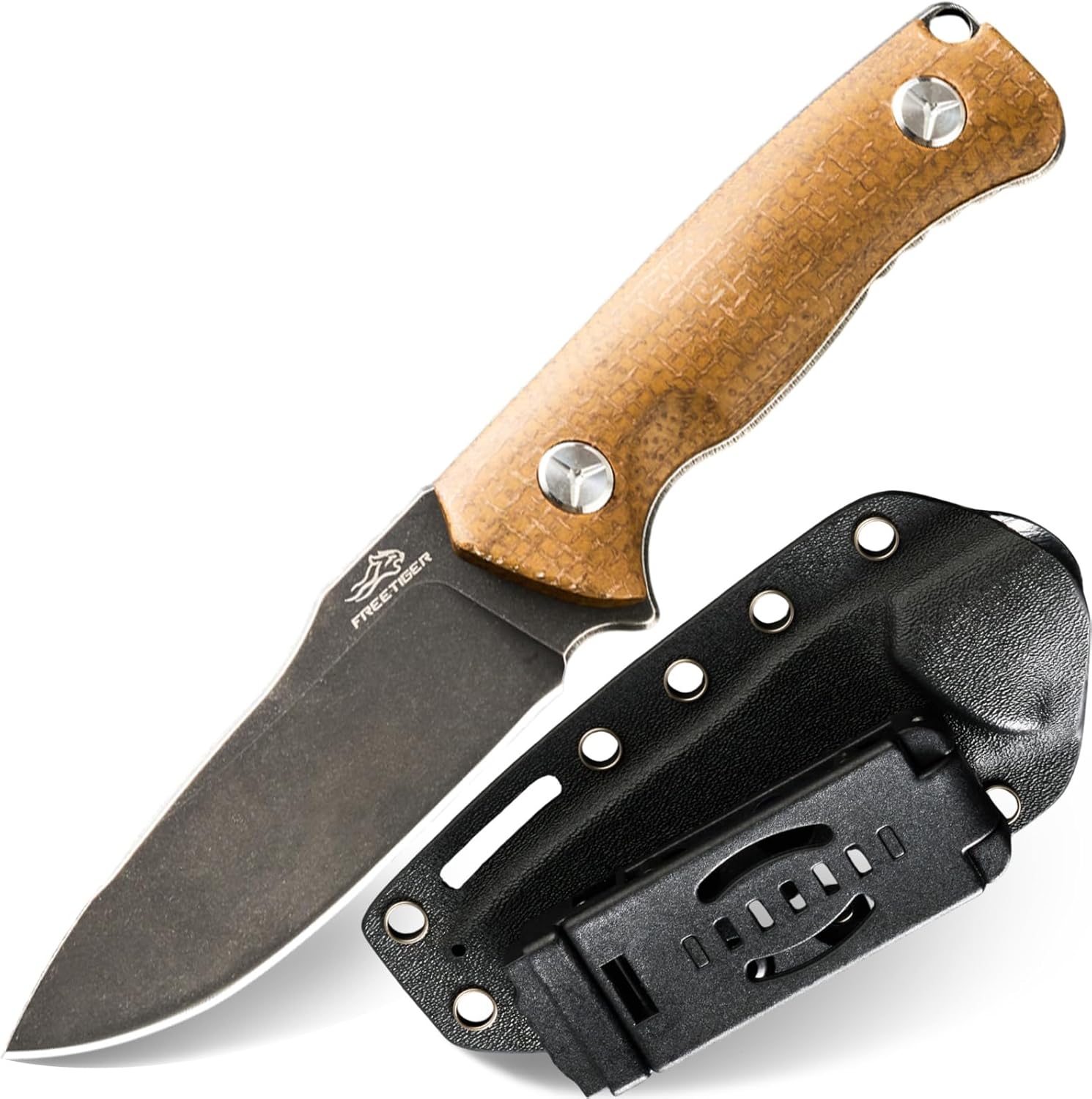 Fixed Blade Knife with Kydex Sheath & Clip, 3.9" 8CR Steel Blade Micarta Handle, Full Tang Camping Knife for Outdoor Adventures Bushcraft Survival Hunting Hiking FX01 (Brown)