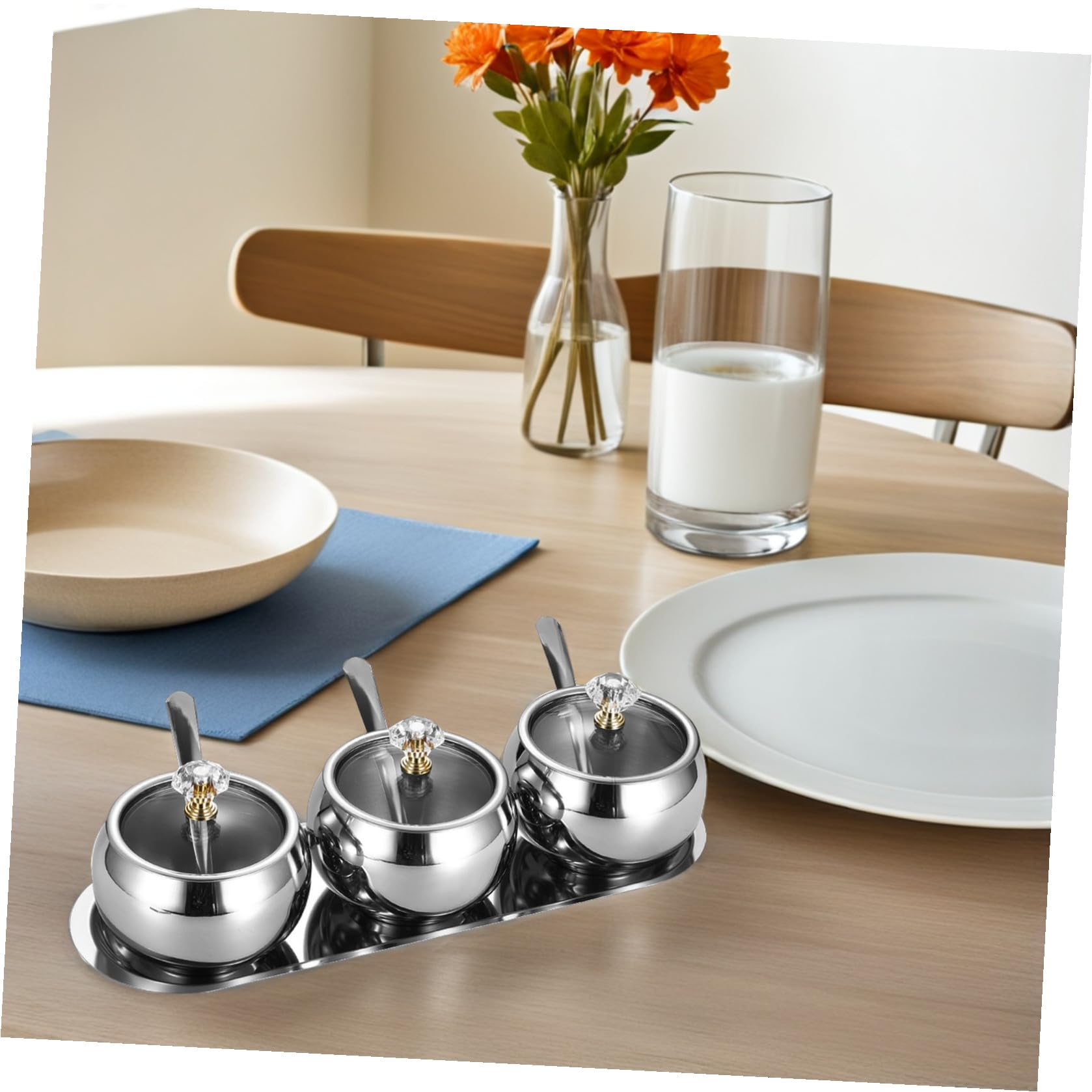 Edelstahl Gewürzglas mit Deckel und Löffel Inklusive Praktisches Tablett Vorratsgläser für Zucker Salz und Gewürze zum Backen und Kochen