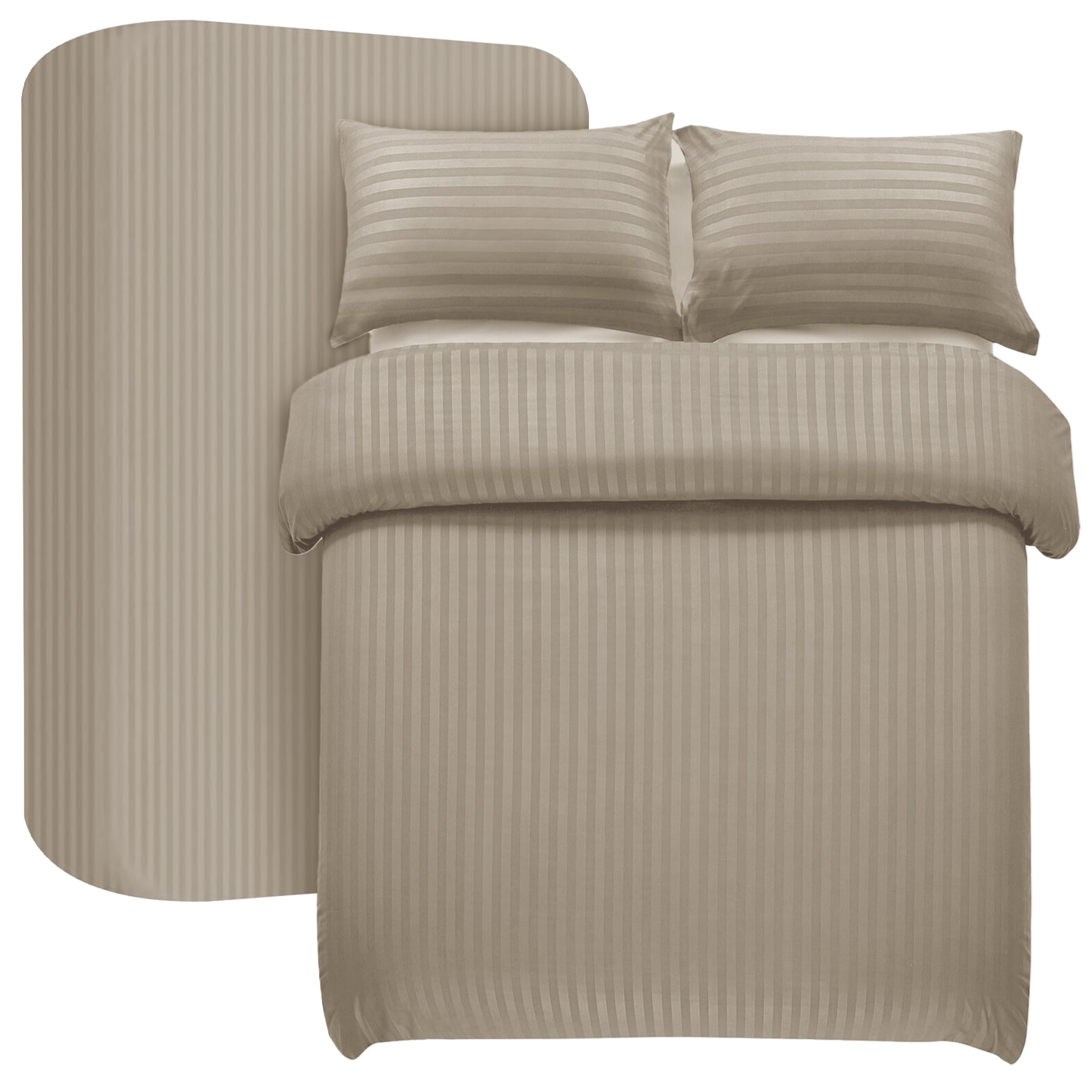 My home store Beige Double Duvet Cover Set 4 Pcs Satin Stripe Duvet Covers Soft Brushed Microfiber Bedding Set including Fitted Sheet 30 CM Deep & 2 Pillowcases