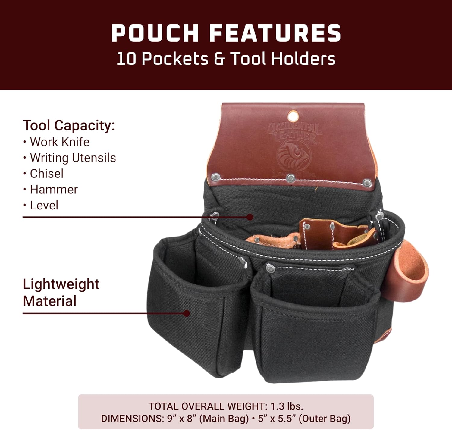 Occidental Leather OxyLights 3 Pouch Tool Bag - Black - 10 Pockets & Tool Holders - Made in USA