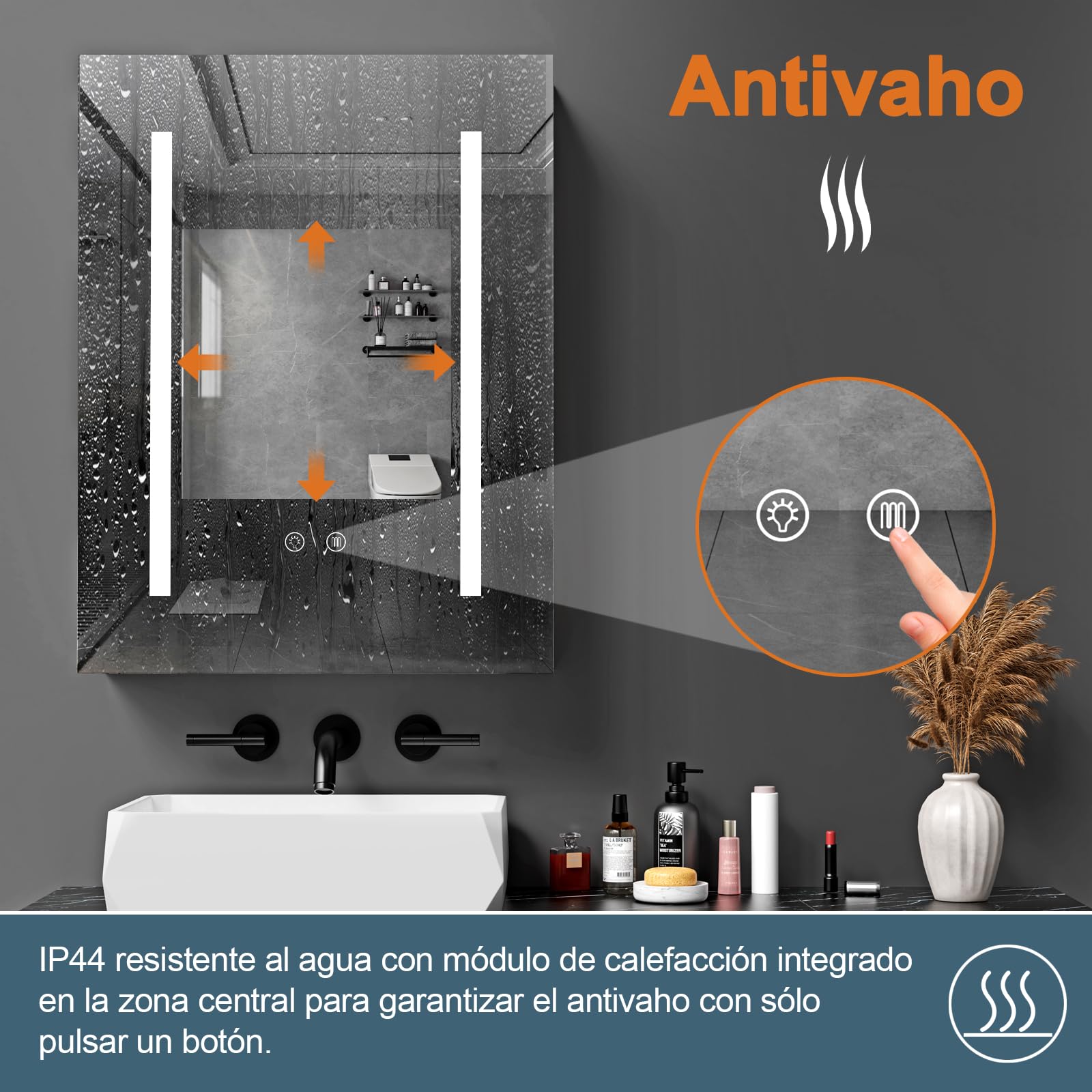 Armario Espejo baño con luz, Mueble de Baño, 3 Estantes Ajustable