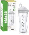 haakaa Gen.3 Natural Glass Baby Bottle - Wide Neck, Anti-Colic Varibale Flow Nipple for 6m+ Breastfed Babies, Newborn Registry Essentials,BPA-Free, 6 oz/180 ml, 1 PK