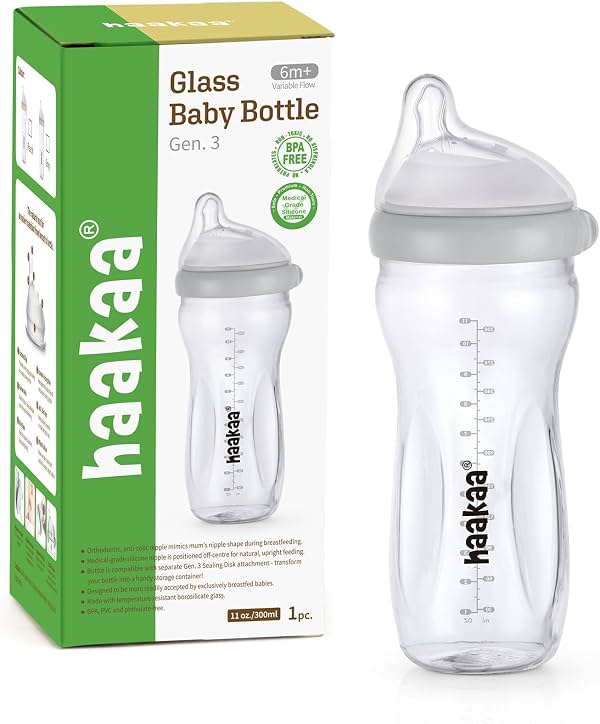 Biberón de vidrio natural Gen.3 haakaa, 6.3 oz/180 ml, cuello ancho, tetina de flujo variable anticólicos para bebés amamantados de 6m+, esenciales para recién nacidos, sin BPA, 1 unidad