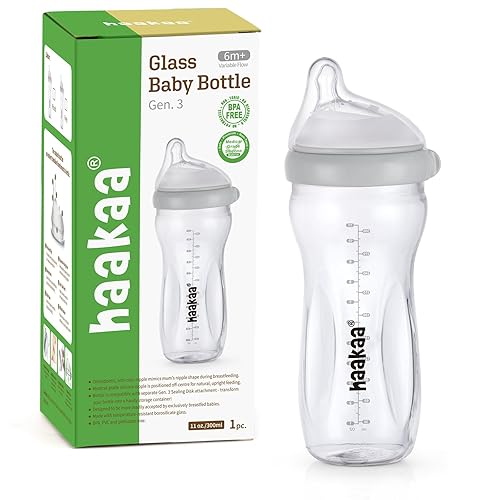 haakaa Gen.3 - Biberón de vidrio natural de 11 onzas Tetina de flujo variable anticólicos de cuello ancho, fácil de limpiar y con pestillo para