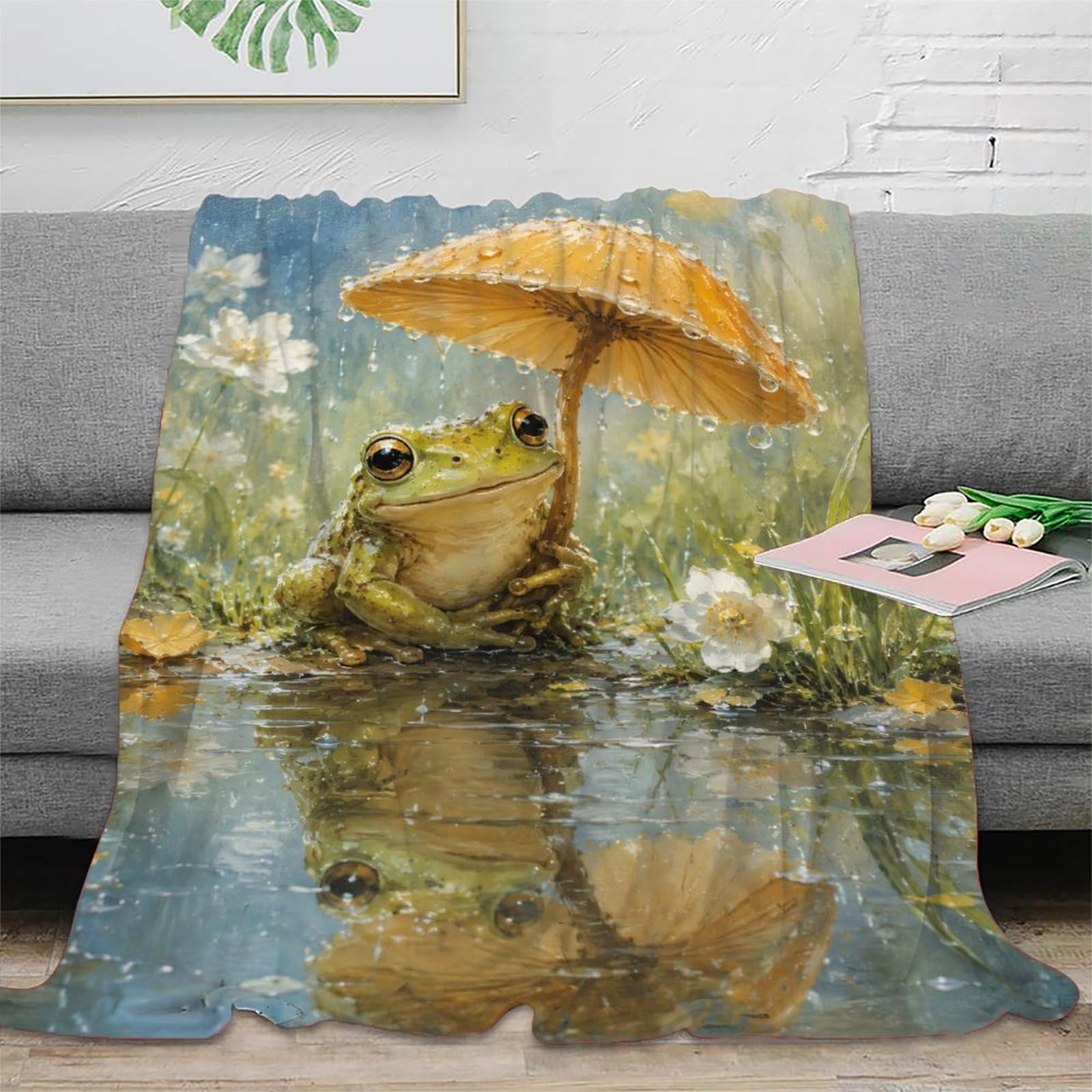 W7C8U2X3 Umbrella Frog Wildflower Throw Blanket, Flannel, Travel