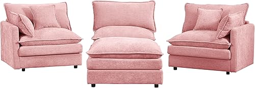 Miniatura 9 de Sofá modular rosado, sofá en forma de L, moderno sofá convertible en forma de L de 3 plazas de chenilla suave, cómodo tapizado con juego otomano