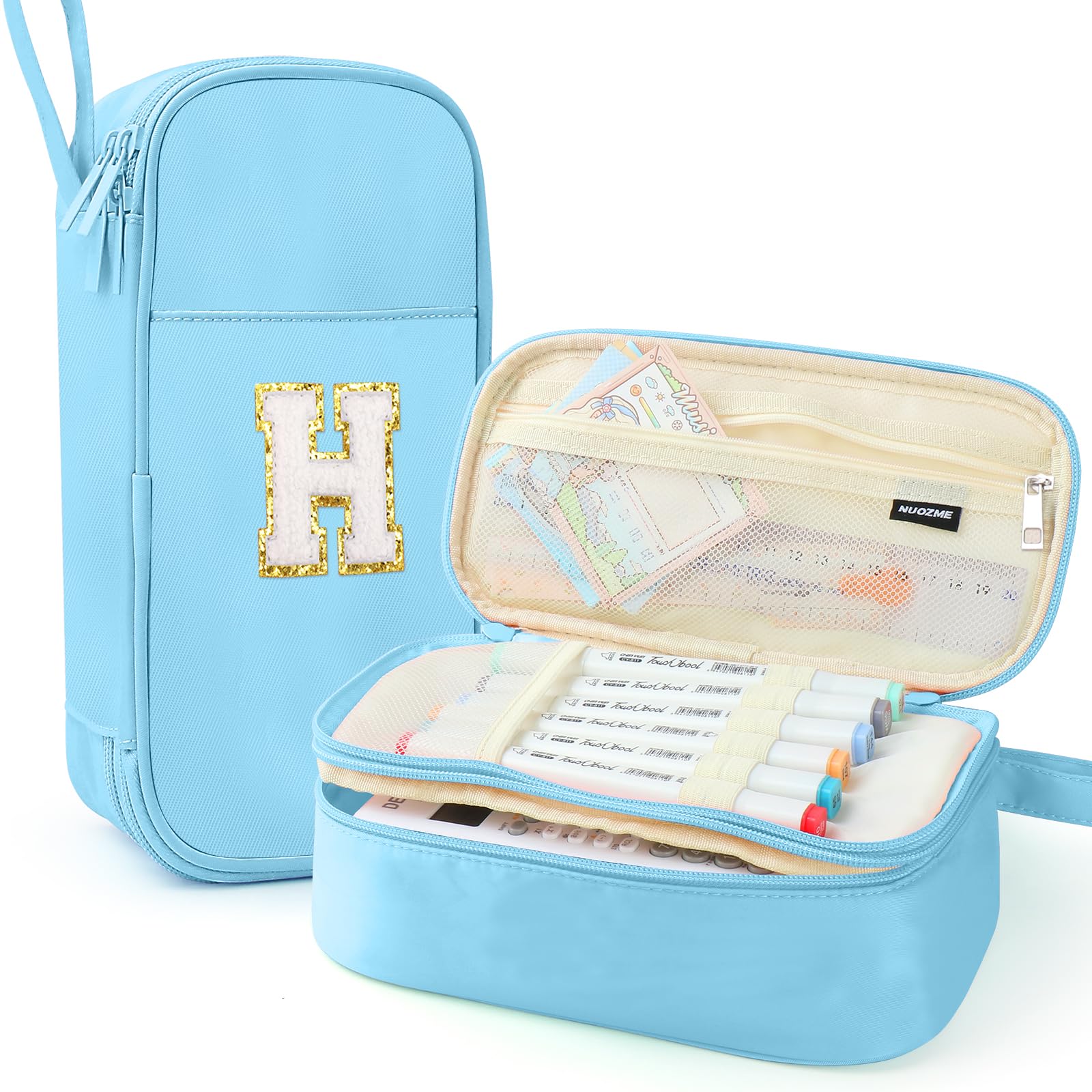 Nuozme - Large Capacity Pencil Case, Initial Pencil Case, Personalised with Smooth Zipper, Various Pockets, Cute Makeup Case and Stationery for, Azul, H, Cute and Elegant