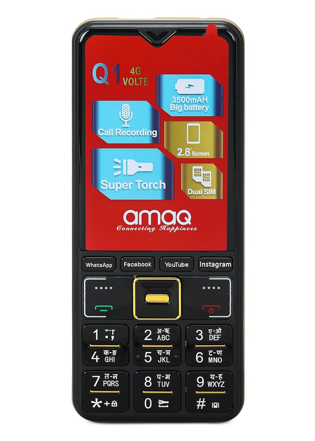 a Amaq Q1 4g Touch Screen Keypad Mobile|Volte sim Supports|Dual SIM|2.8 inch Screen|3500 mAh Battery|Supports Whatsapp|Facebook|Instagram|You Tube|Video Calling|Super Touch|Black.