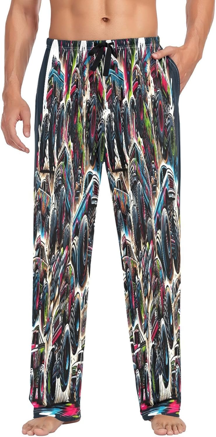 ALAZA Monster Trucks Cartoon Graffiti Men's Pajama Pants Men Cotton Pajama Bottoms with Pockets, S
