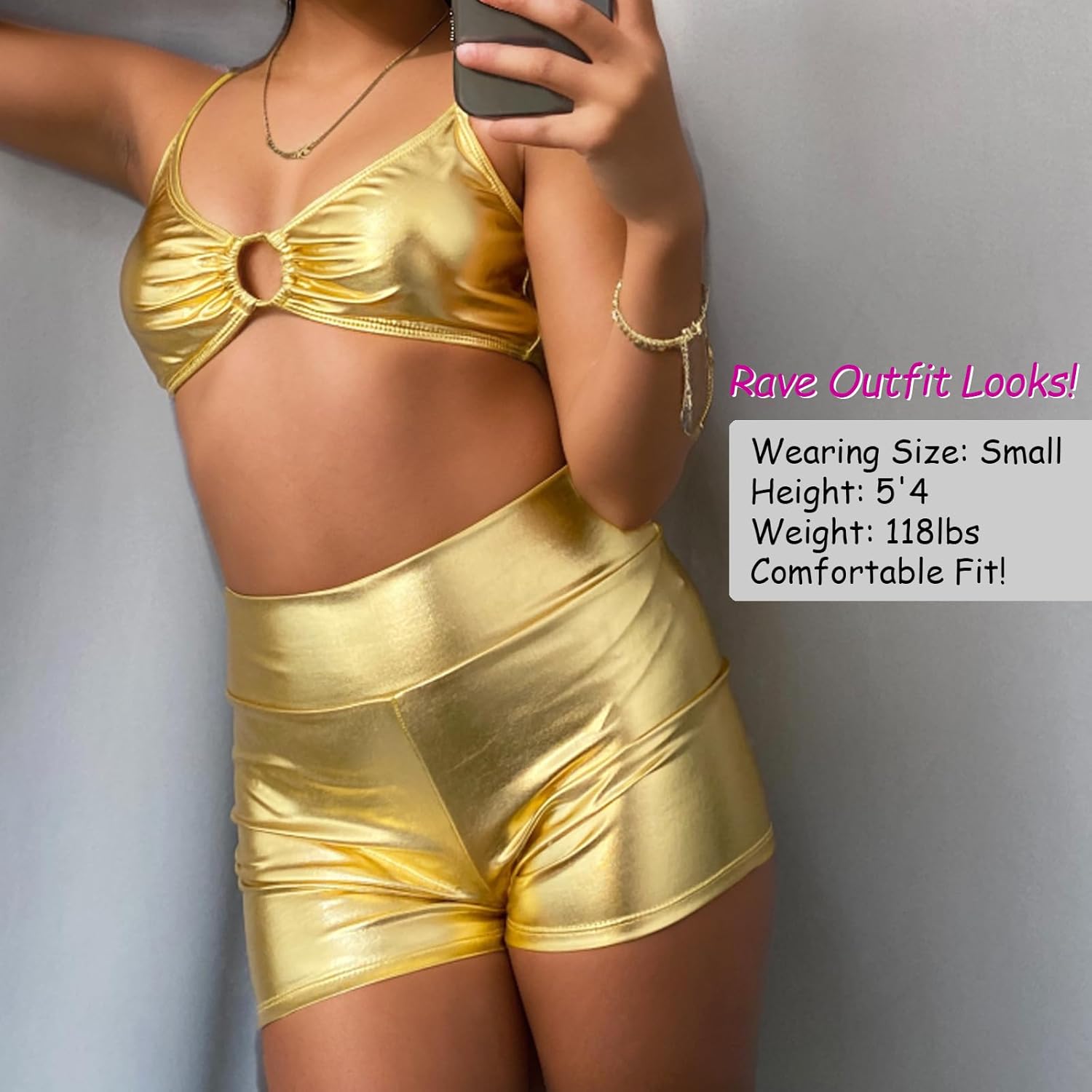 Women's Metallic Booty Shorts Shiny High Waisted Rave Bottoms for Dance Festival - Image 4