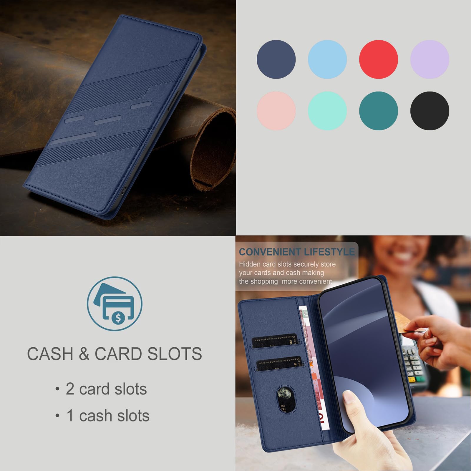 Cover Custodia Folio in Pelle per Motorola Moto G06 4G, Premium PU/TPU Pelle Flip Antiurto Wallet Case, con Supporto & Porta Carta. Blu scuro