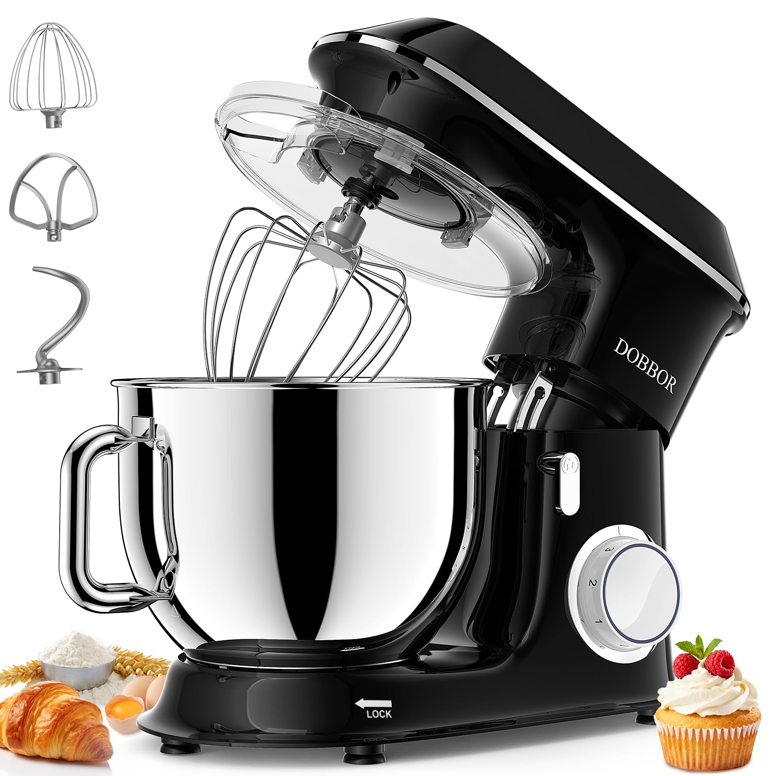 Pâtissier, DOBBOR 1500W Robot Batteur Patisserie avec Fouet, Batteur, Crochet, Bol d'Acier Inoxydable, 7 Vitesses Faible Bruit Patisserie Électrique, Compatible Lave-vaisselle (Noir) (Black)