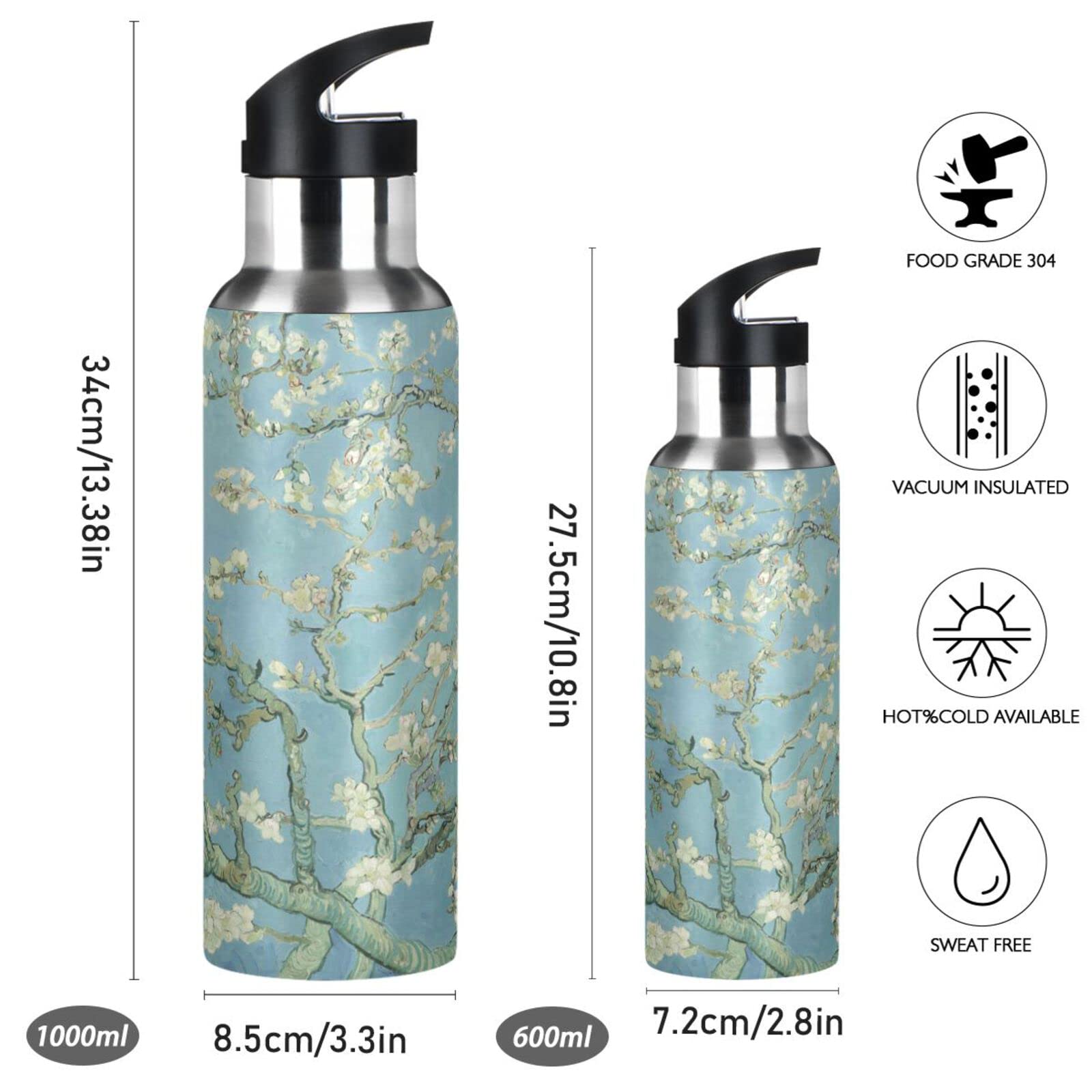 Mnsruu 34 Oz Water Bottle with Straw Van Gogh Almond Flower Tree Stainless Steel Water Bottle for Traveling Sports Leakproof Insulated Water Bottle - Image 2