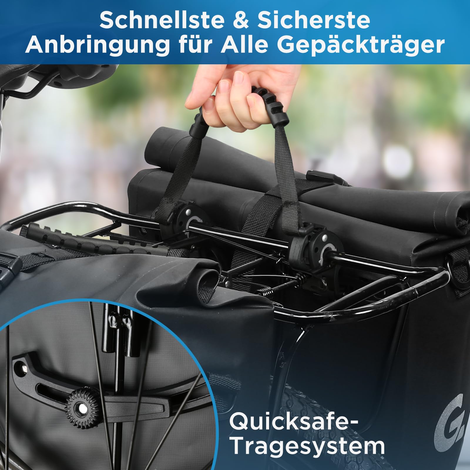 GUOOTU Lot de 2 Sacoches de vélo pour porte-bagages 64L, en toile de bâche Sacoche arrière pour porte-bagages avec réflecteurs, avec poignée de transport et bandoulière (Noir 32L, lot de 2)