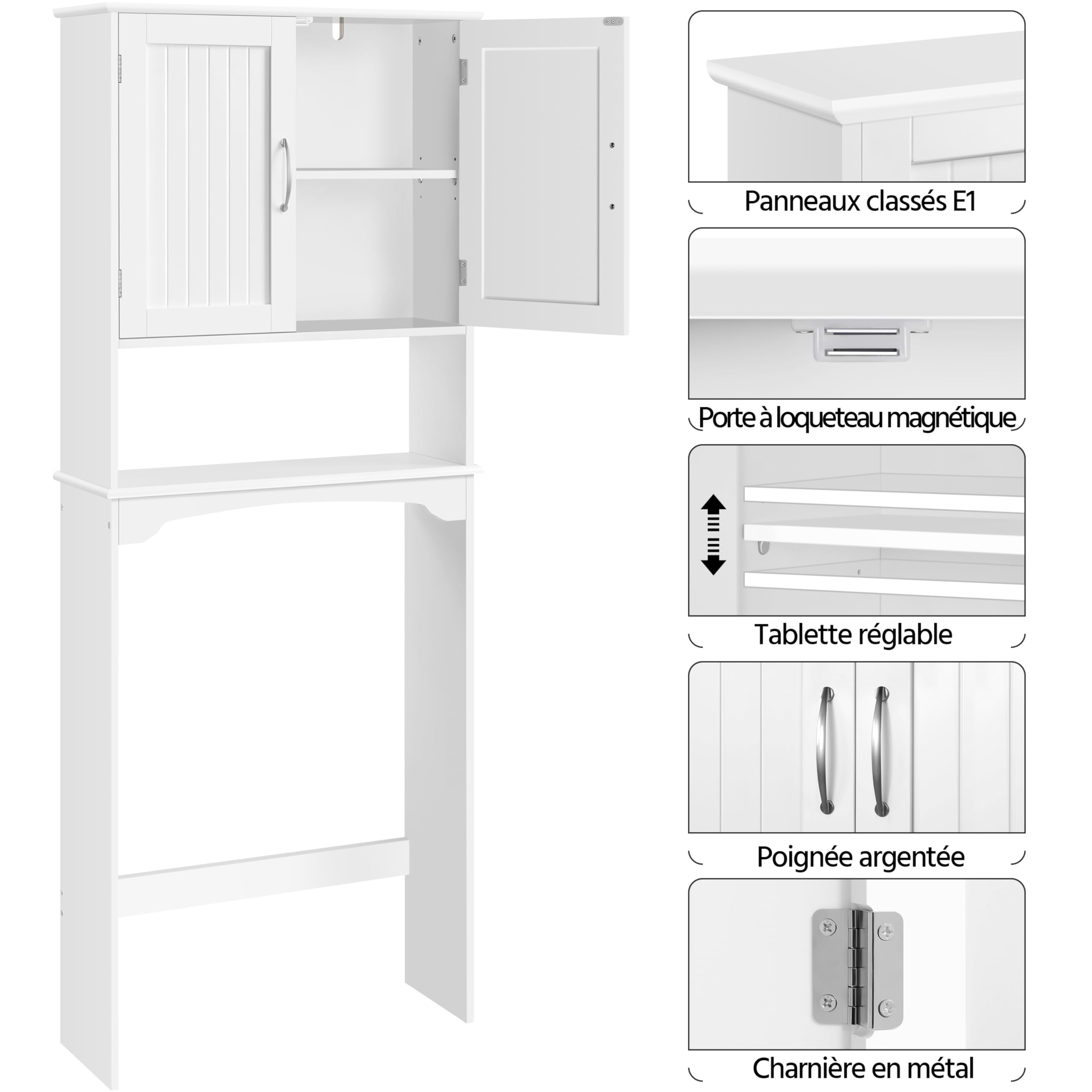 Yaheetech Meuble WC Dessus de Toilette/Machine à Laver, 75 x 23 x 180 cm, Armoire de Rangement de Salle de Bain avec 2 Étagères Réglables et 1 Compartiment Ouvert, Meuble Colonne sur Pied Blanc