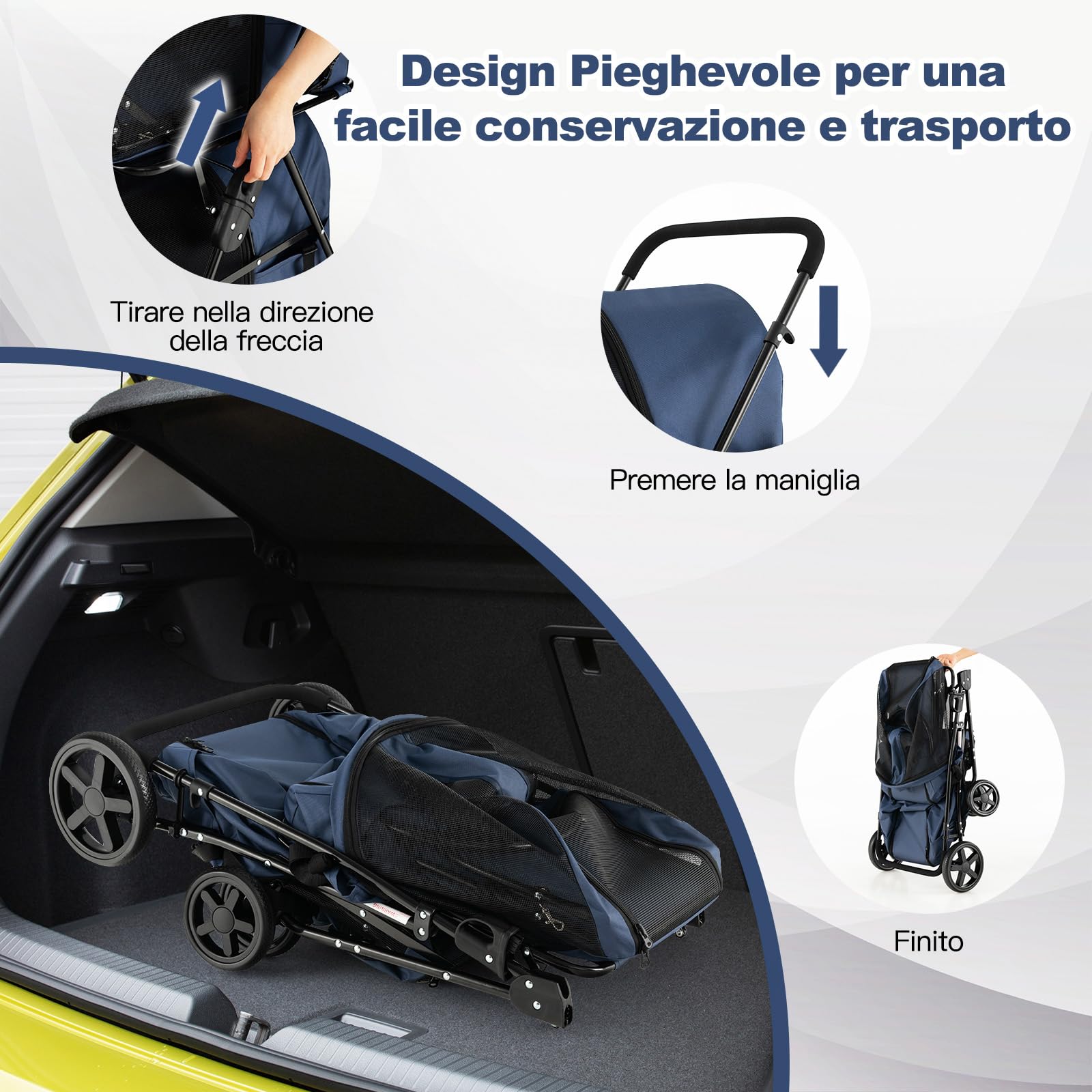 COSTWAY Passeggino per Cani Pieghevole, Carrozzina per Cani Multifunzionale 4 in 1 a Doppio Livello, Passeggino Smontabile con Ruote, Ideale per Passeggiata Viaggio e Shopping (Blu)