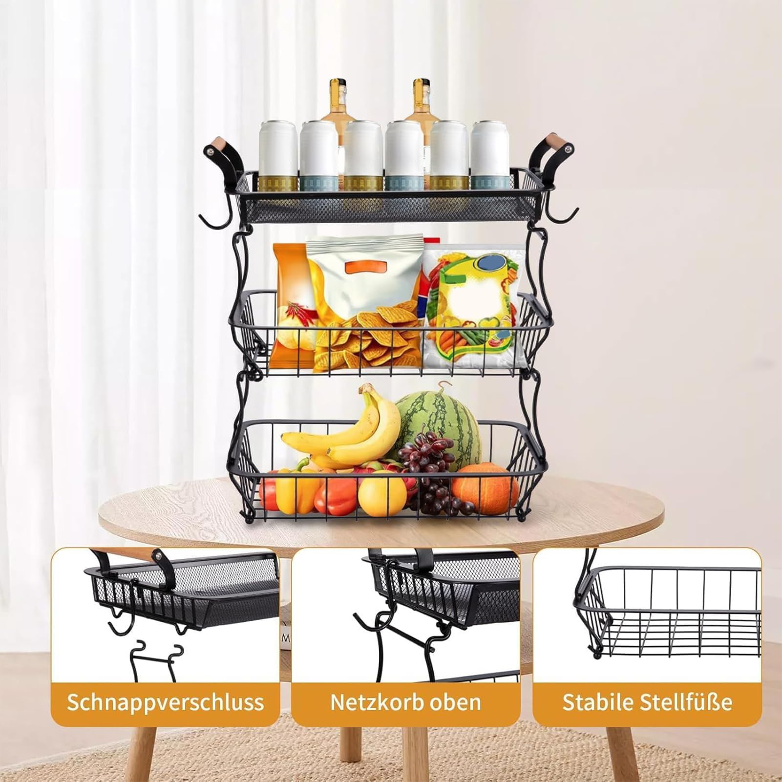 Organizador De 3 Niveles Para Frutas Y Verduras De Cocina | Cuenco De Alambre Metalico Con Ganchos Para Plátanos Para Organizacion Y Almacenamiento De Accesorios De