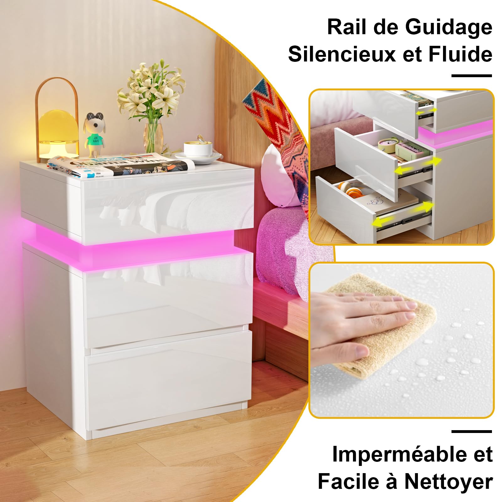 Table de Chevet LED, Table d'Appoint, Table de Nuit LED, Chevet de Lit avec 3 Tiroirs, 16 Couleurs LED RVB, Meuble de Rangement Compacte pour Salon, Chambre, Bureau, Moderne, Blanc
