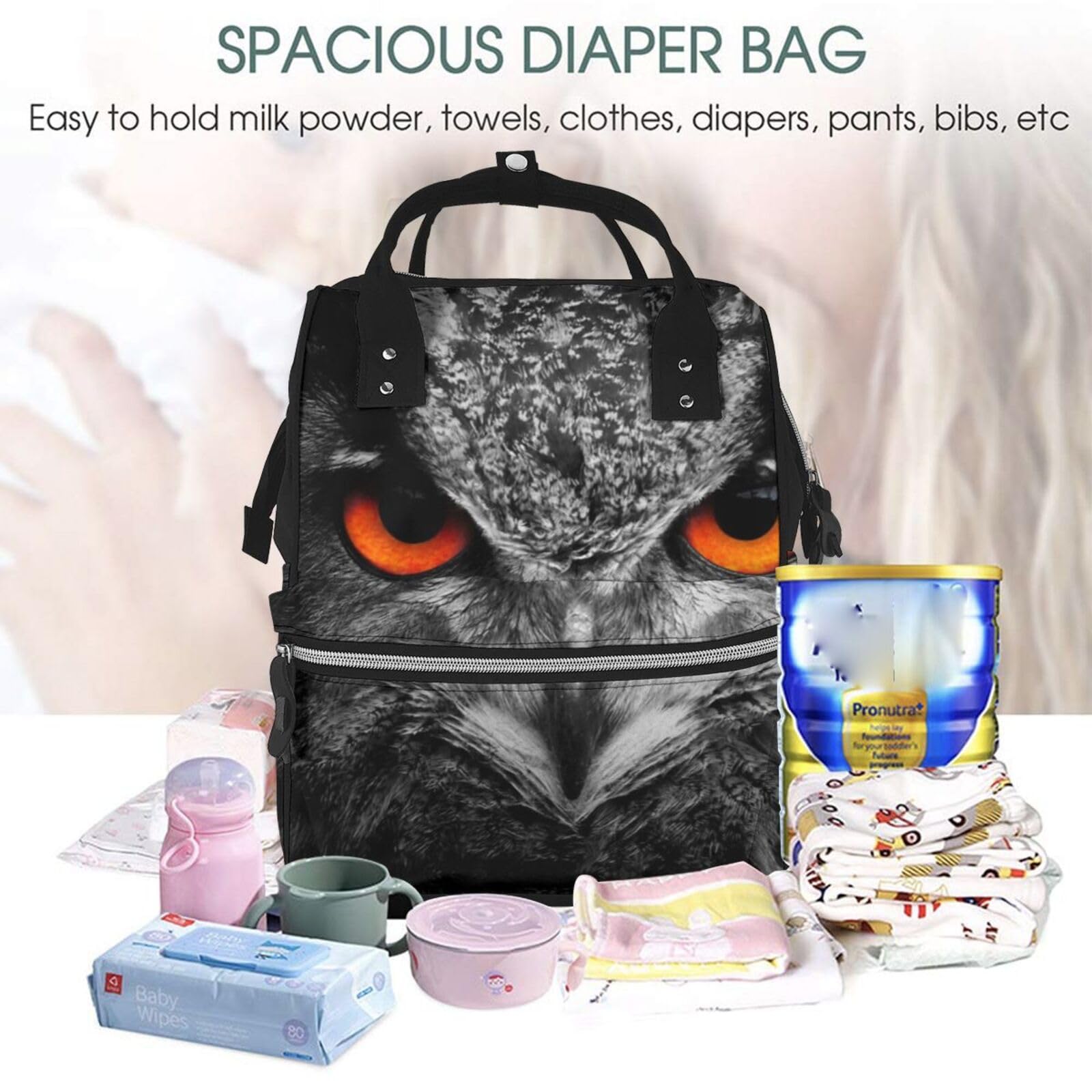OUSIKA Bolsa de pañales multifunción con estampado de ojos de búho, mochila grande de viaje, bolsa de pañales para mamá papá, color negro, talla única, Negro, talla única