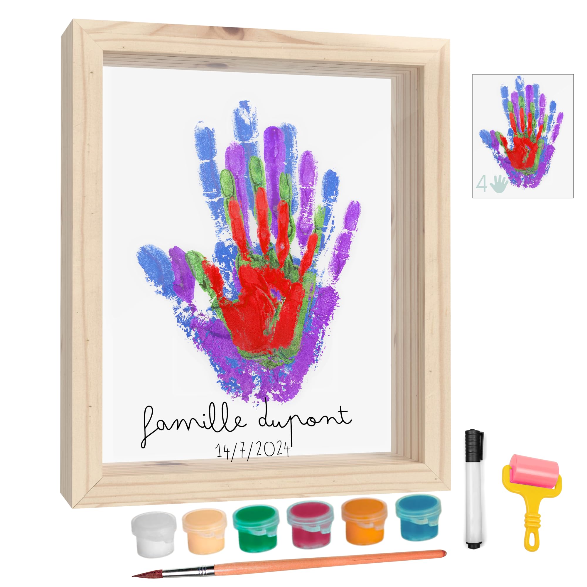 HuBorns - Cadre Empreinte Main Famille et Empreinte Main Pied Bebe avec Espace pour 4 Empreintes, Kit Empreinte Bebe pour Peindre les Mains de Toute la Famille, Cadeau Bebe Naissance