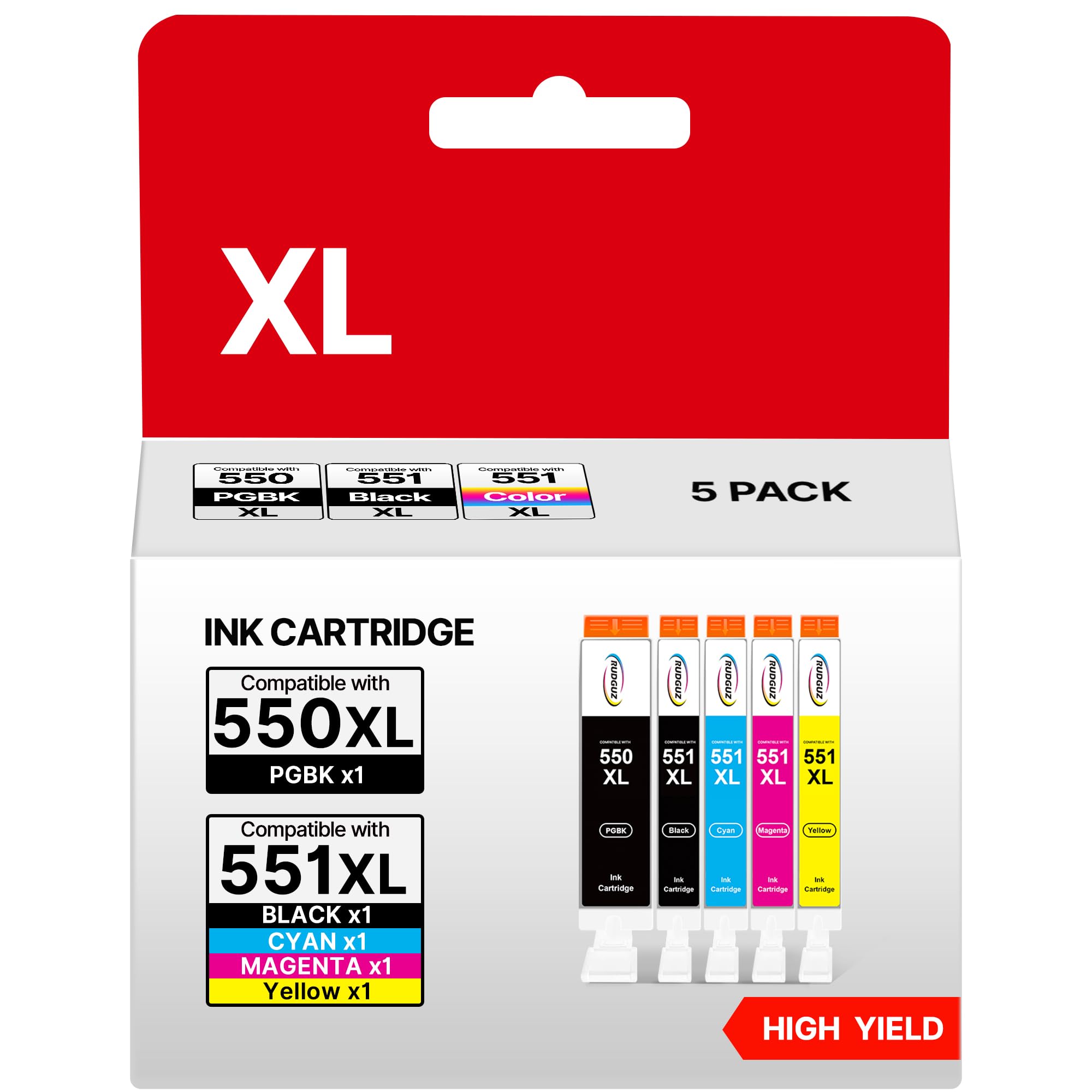 RUDGUZ 550 551 XL Multipack für Canon Druckerpatronen 551 550 XL für Canon MX925 Druckerpatronen MX725 IP7250 IX6850 MG5650 MG5450 MG5550 MG6450 MG6650 551XL (CLI-551 PGI 550, 5er-Pack)