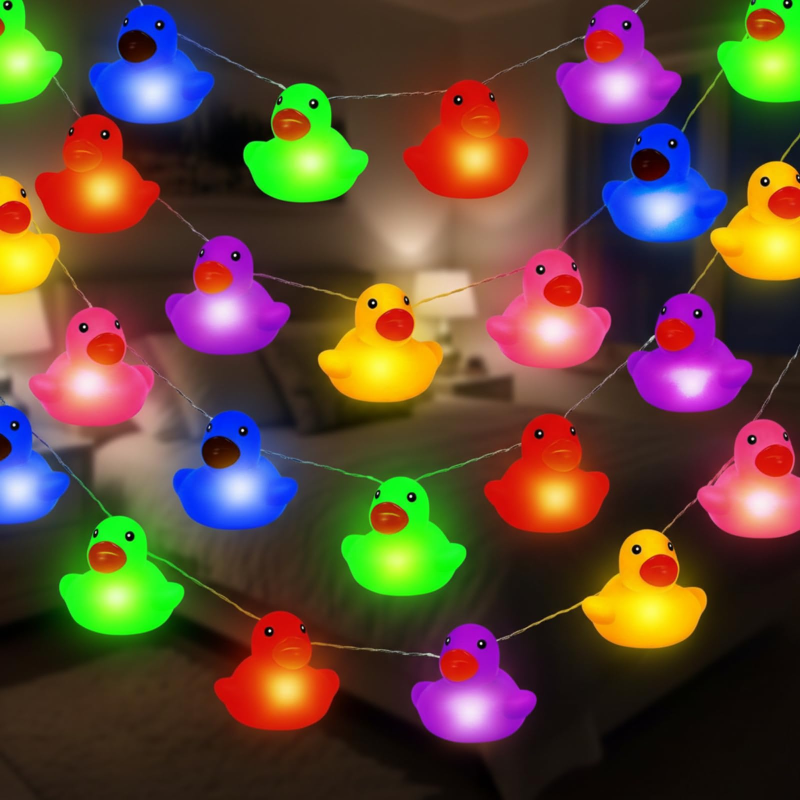 Deekin 60/100 LED Rubber Duck String Lights Valentines Tree Decor Duck Battery Operated String Lights Decorative for Holiday Car Wall Window Yard Garden Birthday Party Decor(Multicolored,1 Pcs)