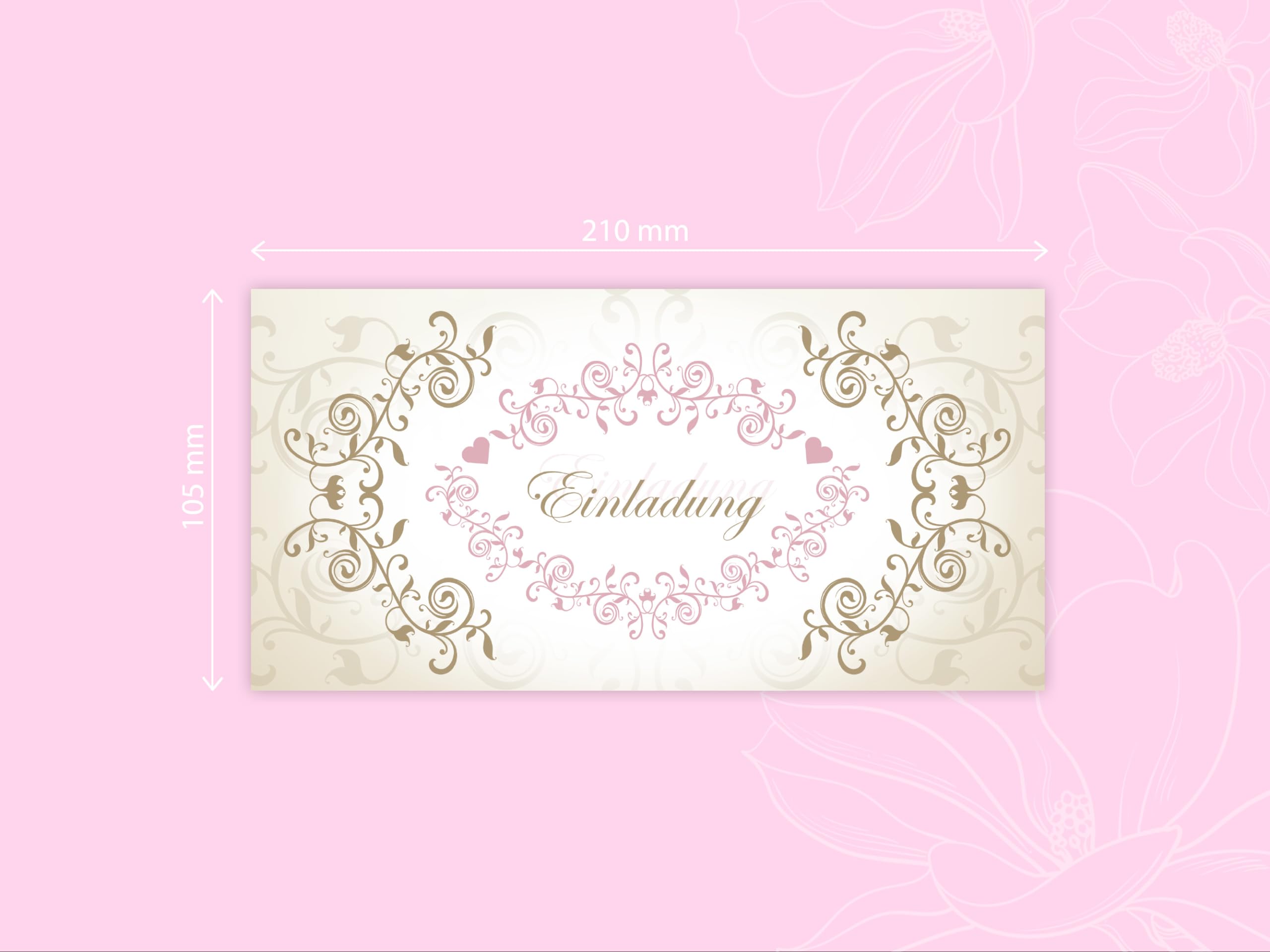 250 Einladungskarten für Hochzeit, Standesamt, Geburtstag, Konfirmation, Kommunion, Jugendweihe, Taufe, Geburtstag Jubiläum. Klappkarten DIN lang (21 x 10,5 cm). Luxuriöse florale Ornamente gold