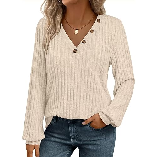 Bliwov Womens Long Sleeve Shirts Fall Fashion Outfits V Neck Button Tops Casual Loose Winter Sweaters Blouses Tunic Clothes