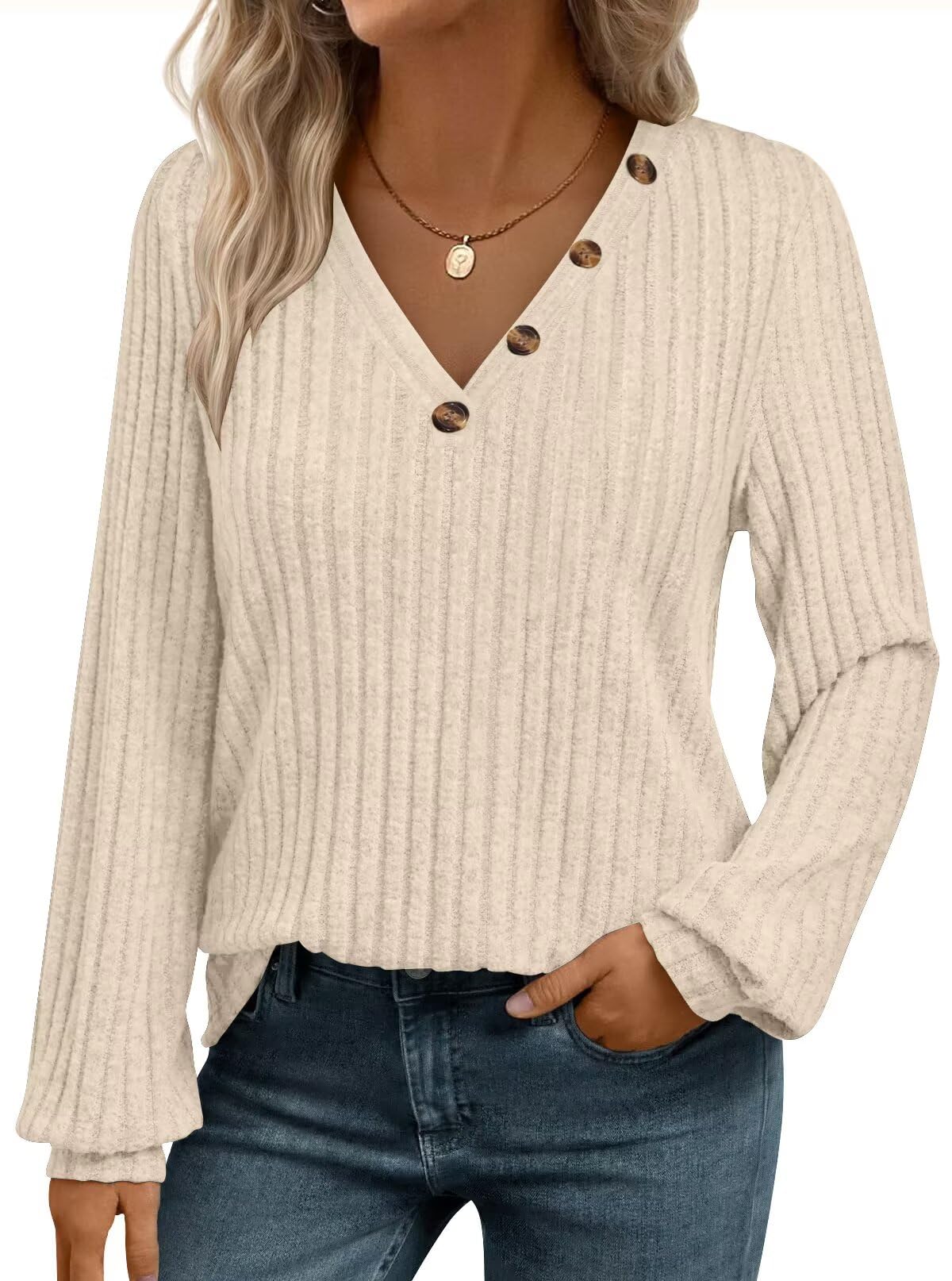 Casual Loose V-Neck Button Tunic - Long Sleeve Fall/Winter Sweater Blouse
