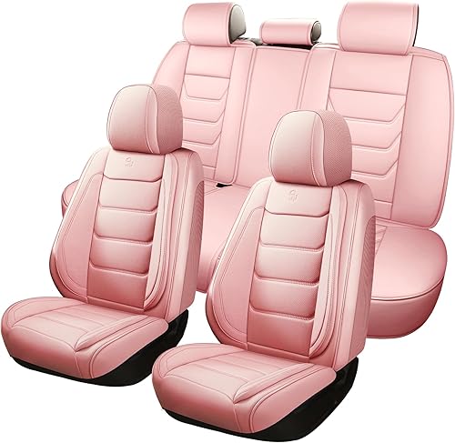 Miniatura 6 de Fundas de asiento que adaptan a casi todos los automóviles, camiones, sedanes y camionetas, de piel sintética impermeable y cobertura completa (rosa)